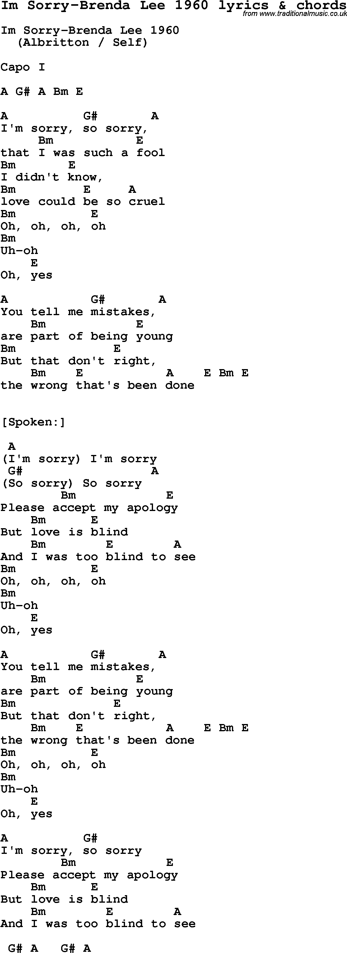 Love Song Lyrics for: Im Sorry-Brenda Lee 1960 with chords for Ukulele, Guitar Banjo etc.