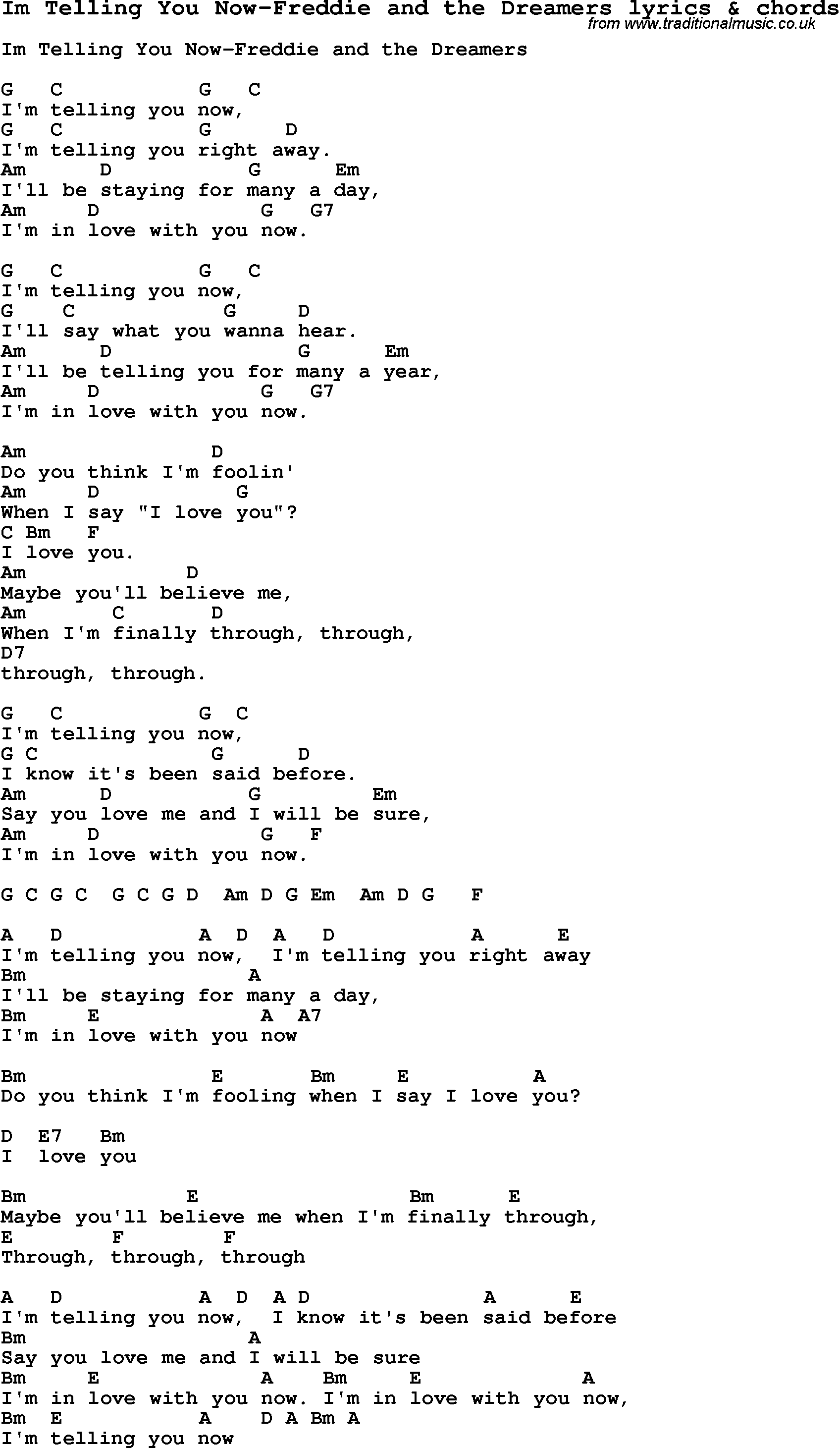Love Song Lyrics for: Im Telling You Now-Freddie and the Dreamers with chords for Ukulele, Guitar Banjo etc.