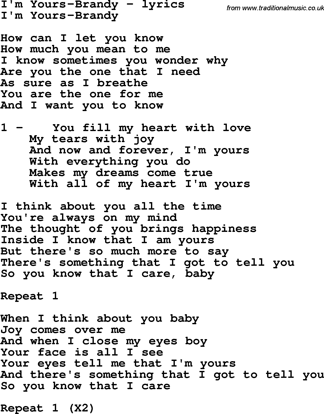 Love Song Lyrics for: I'm Yours-Brandy