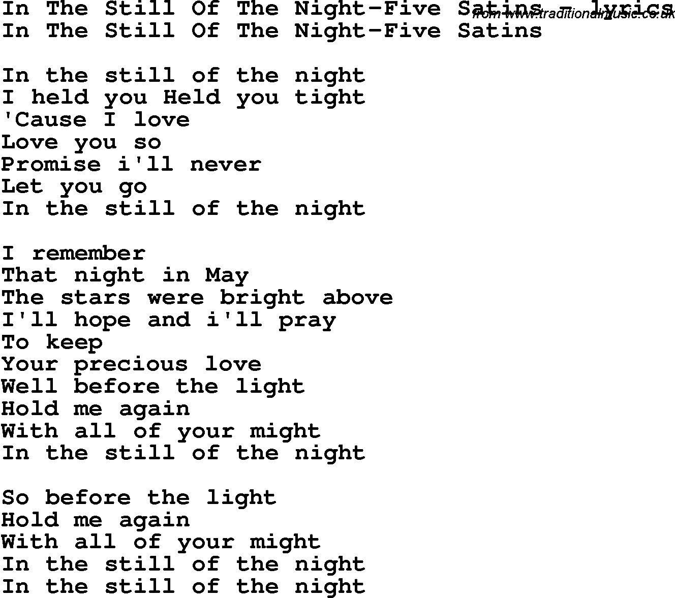Love Song Lyrics for: In The Still Of The Night-Five Satins