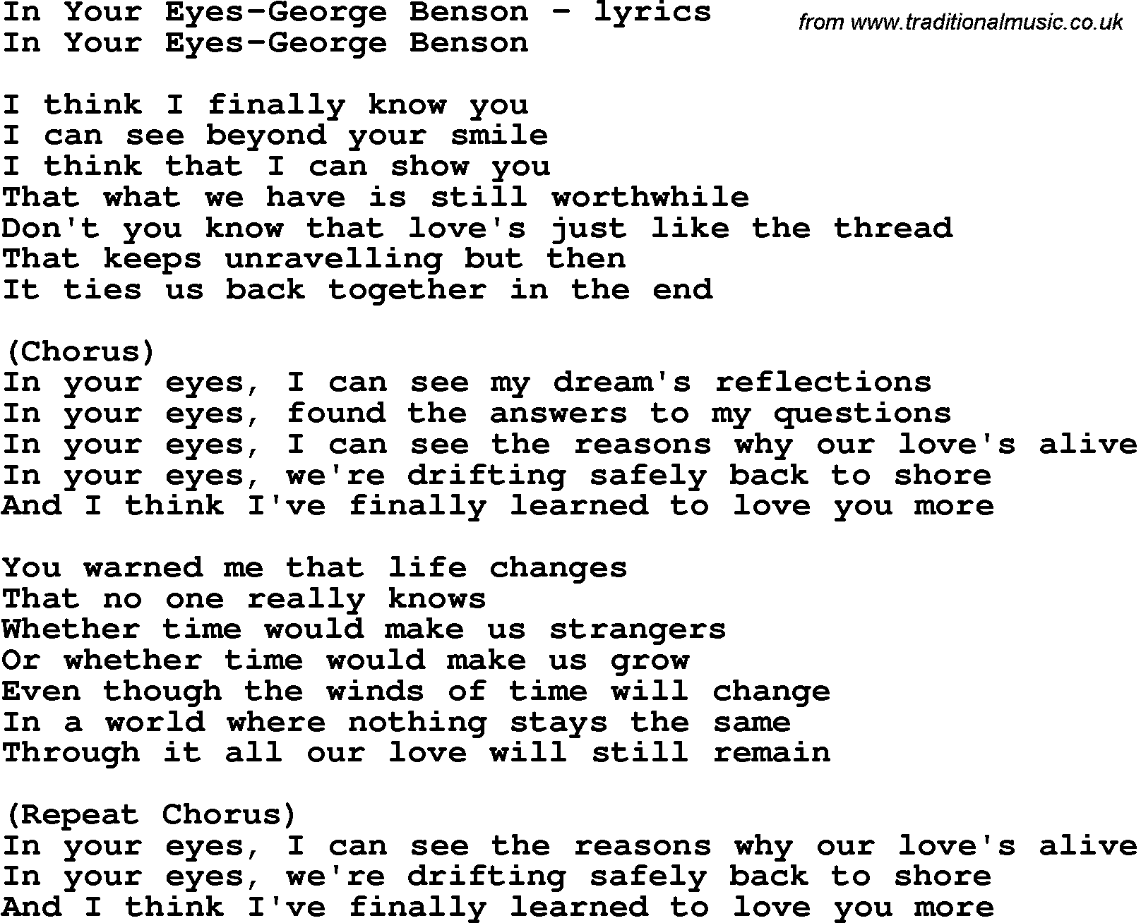 Love Song Lyrics for: In Your Eyes-George Benson