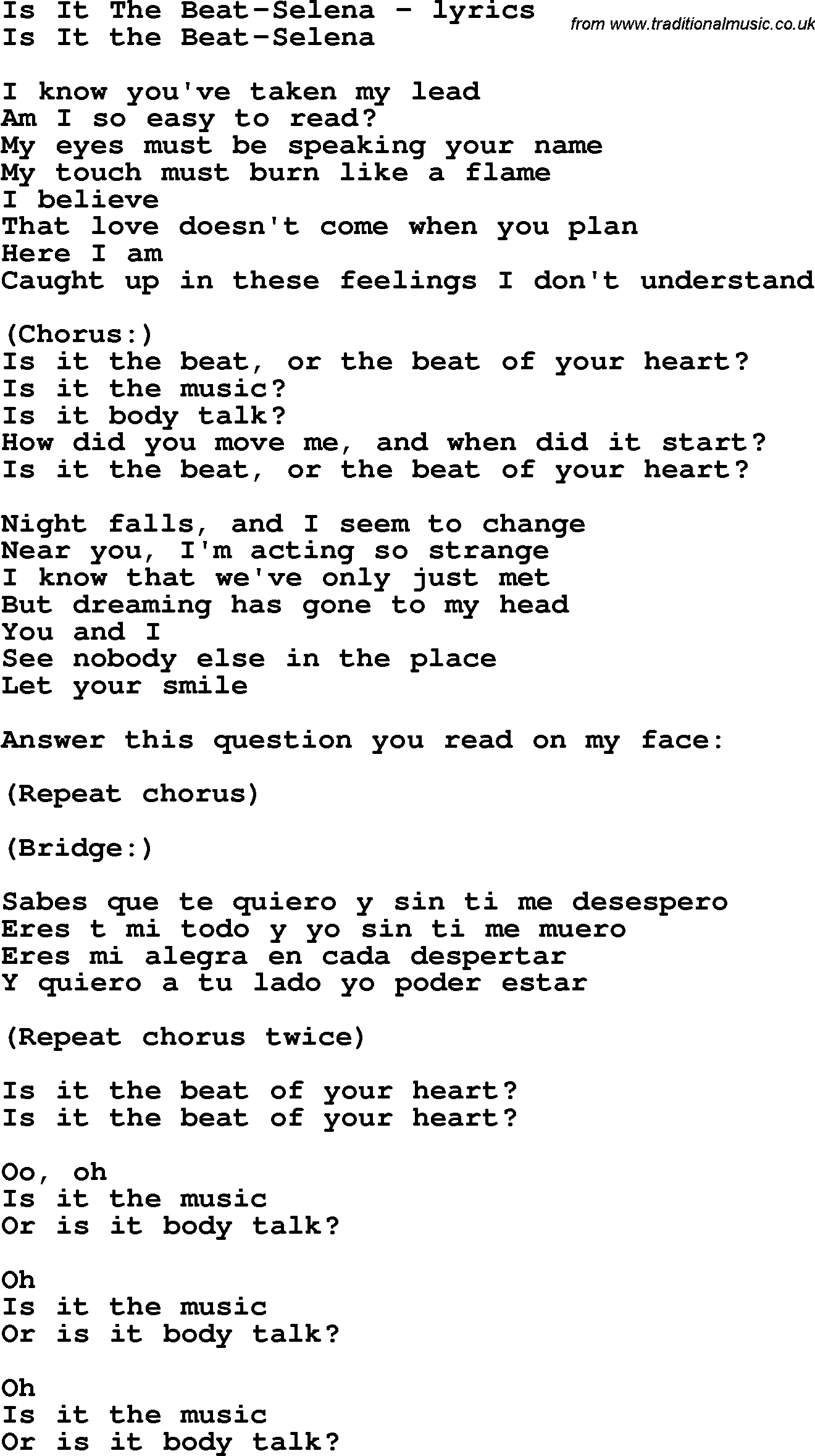 Love Song Lyrics for: Is It The Beat-Selena