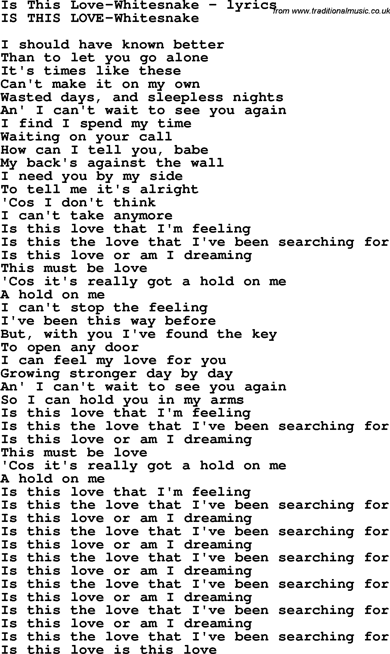Love Song Lyrics for: Is This Love-Whitesnake