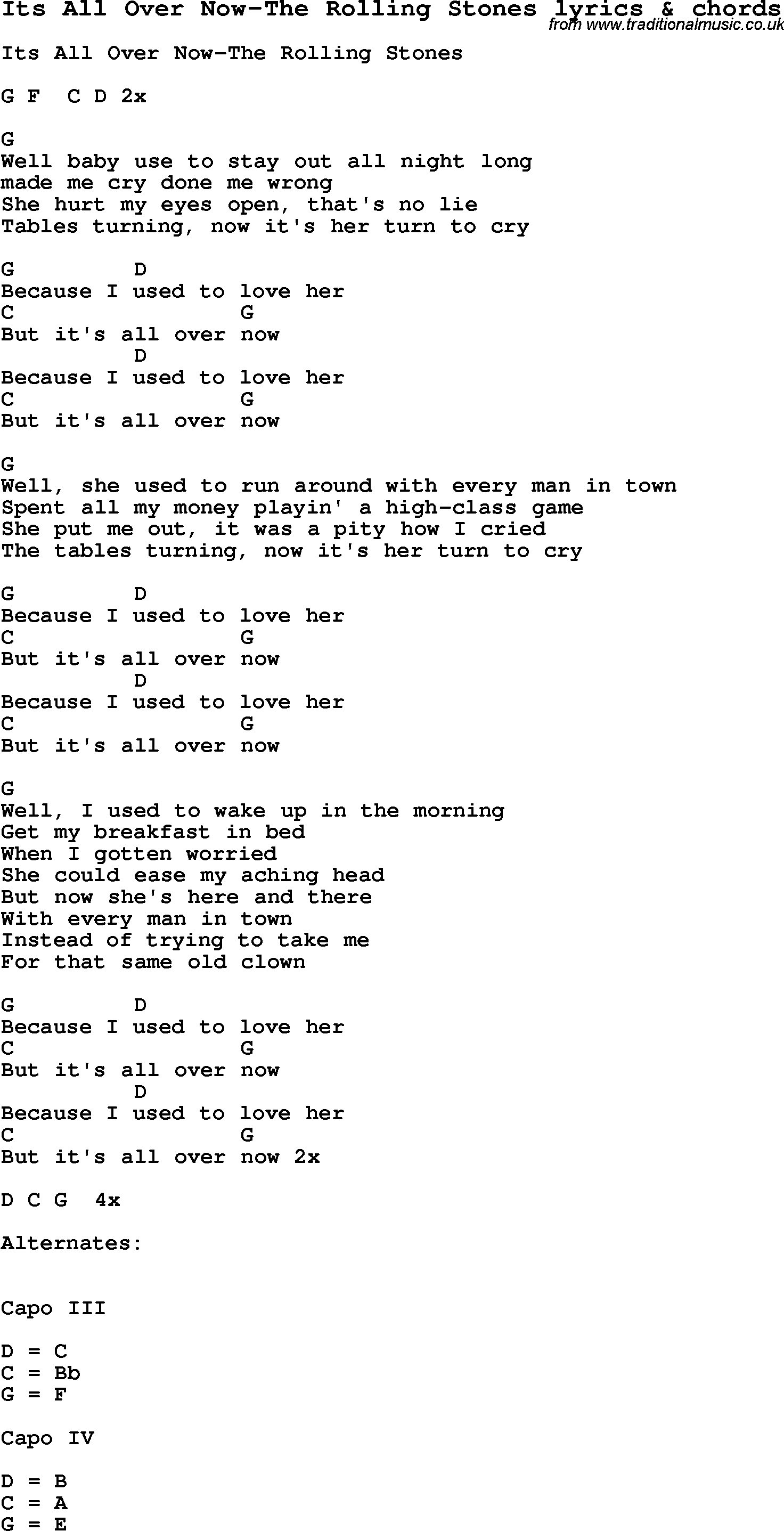 Love Song Lyrics for: Its All Over Now-The Rolling Stones with chords for Ukulele, Guitar Banjo etc.