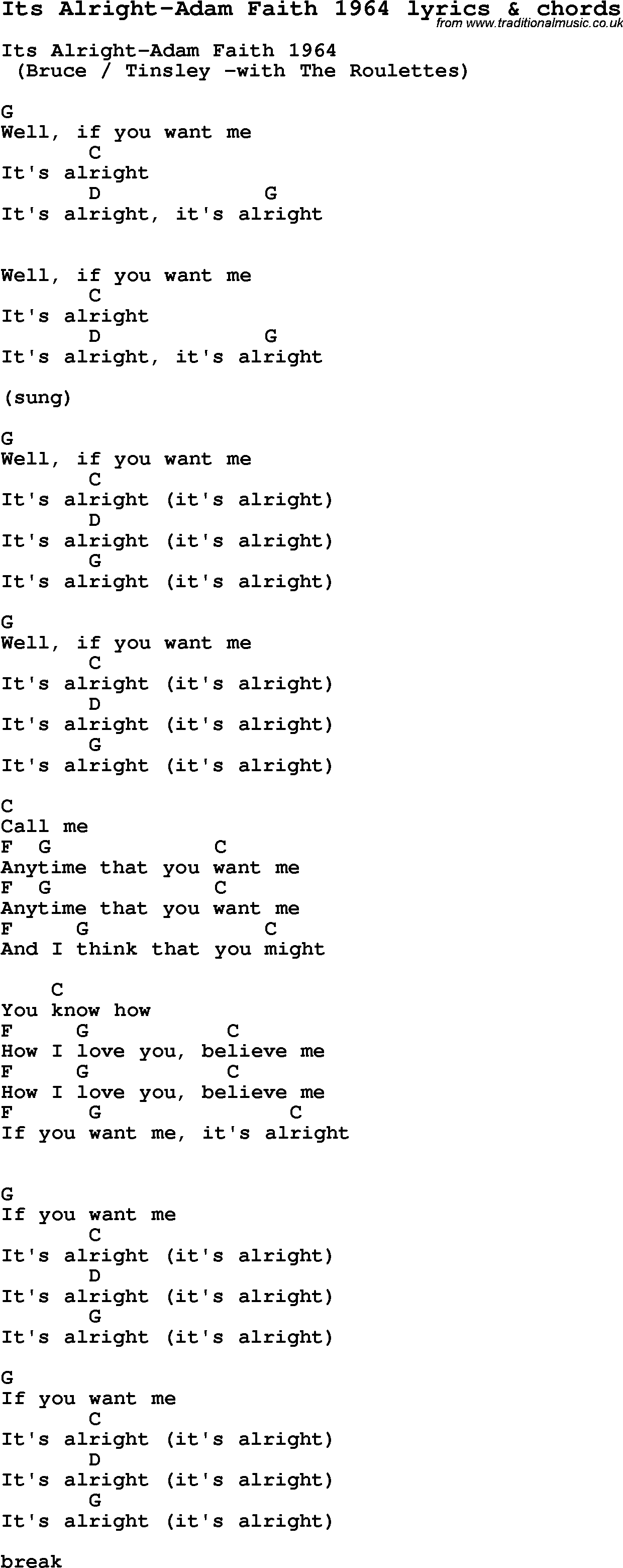 Love Song Lyrics for: Its Alright-Adam Faith 1964 with chords for Ukulele, Guitar Banjo etc.