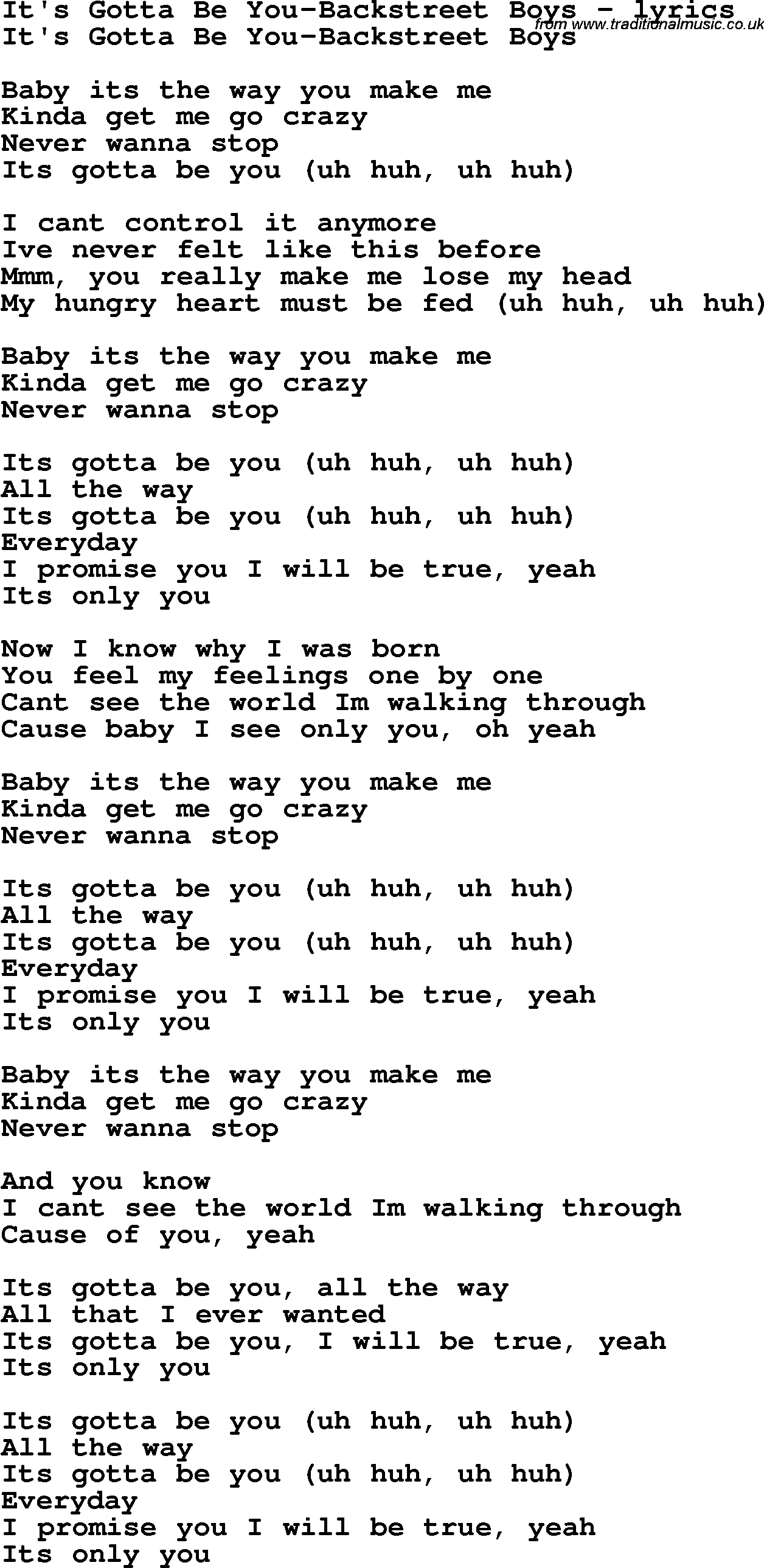 Love Song Lyrics for: It's Gotta Be You-Backstreet Boys