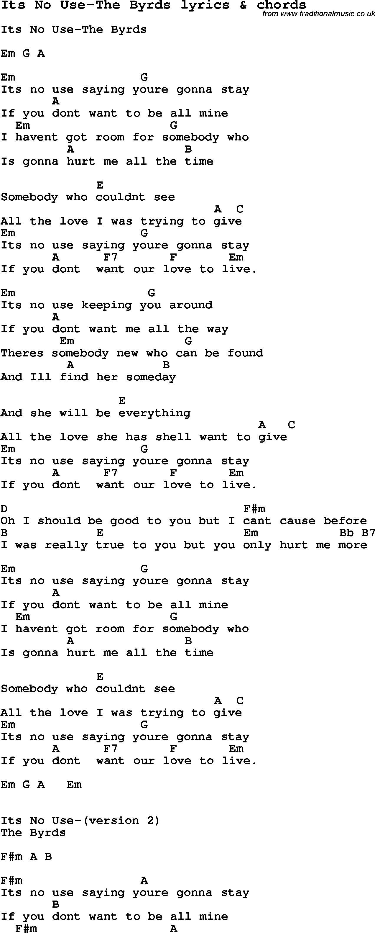 Love Song Lyrics for: Its No Use-The Byrds with chords for Ukulele ...