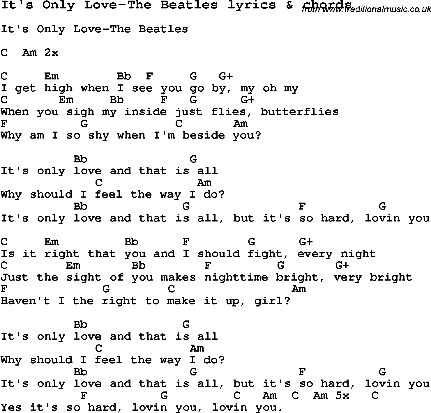Love Song Lyrics for: It's Only Love-The Beatles with chords for Ukulele, Guitar Banjo etc.
