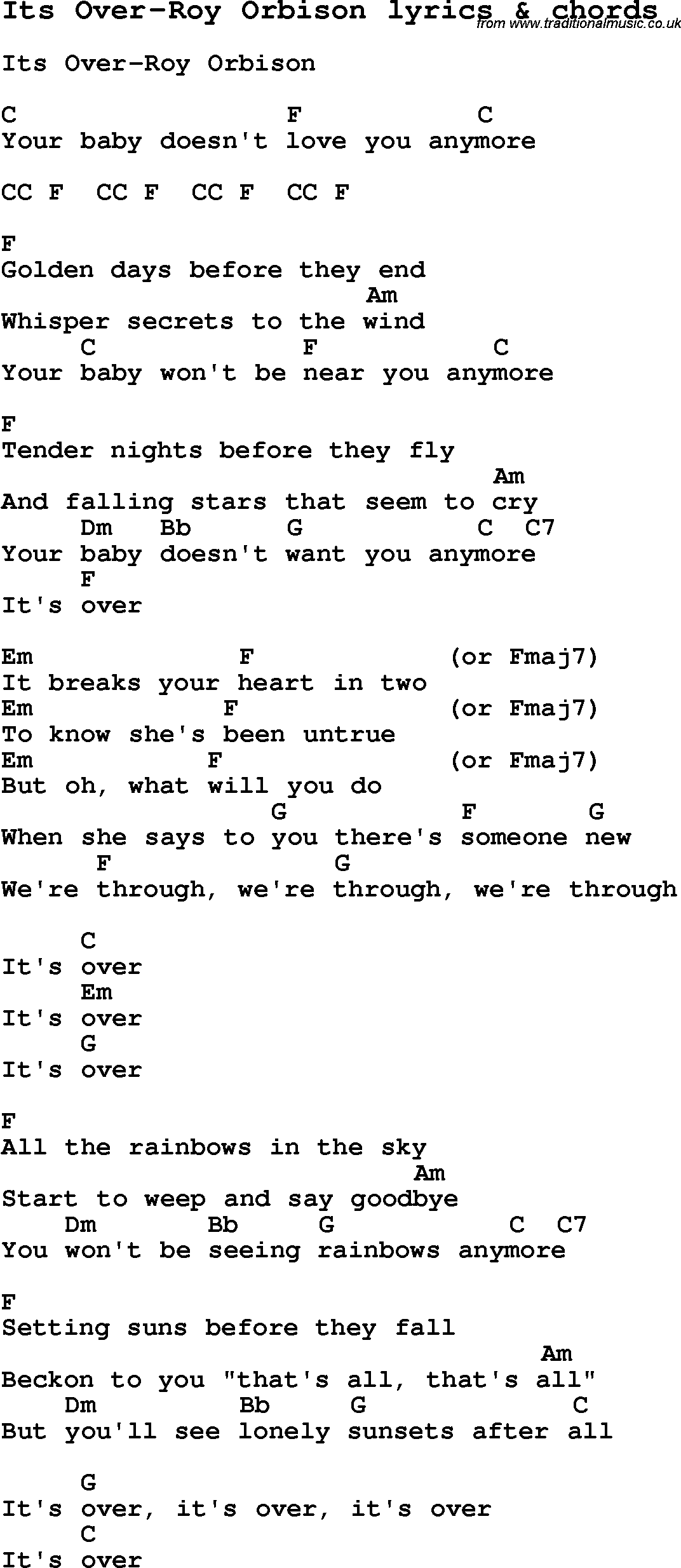 Love Song Lyrics for: Its Over-Roy Orbison with chords for Ukulele, Guitar Banjo etc.