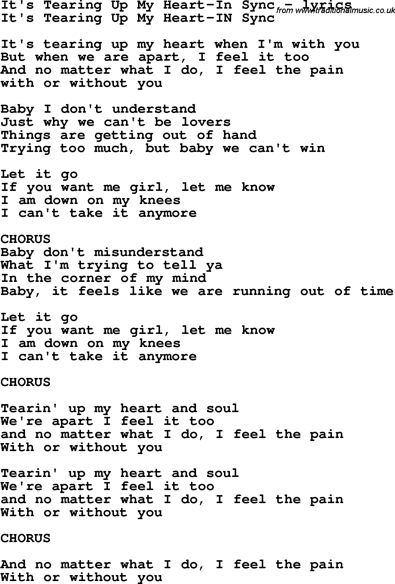 Love Song Lyrics for: It's Tearing Up My Heart-In Sync