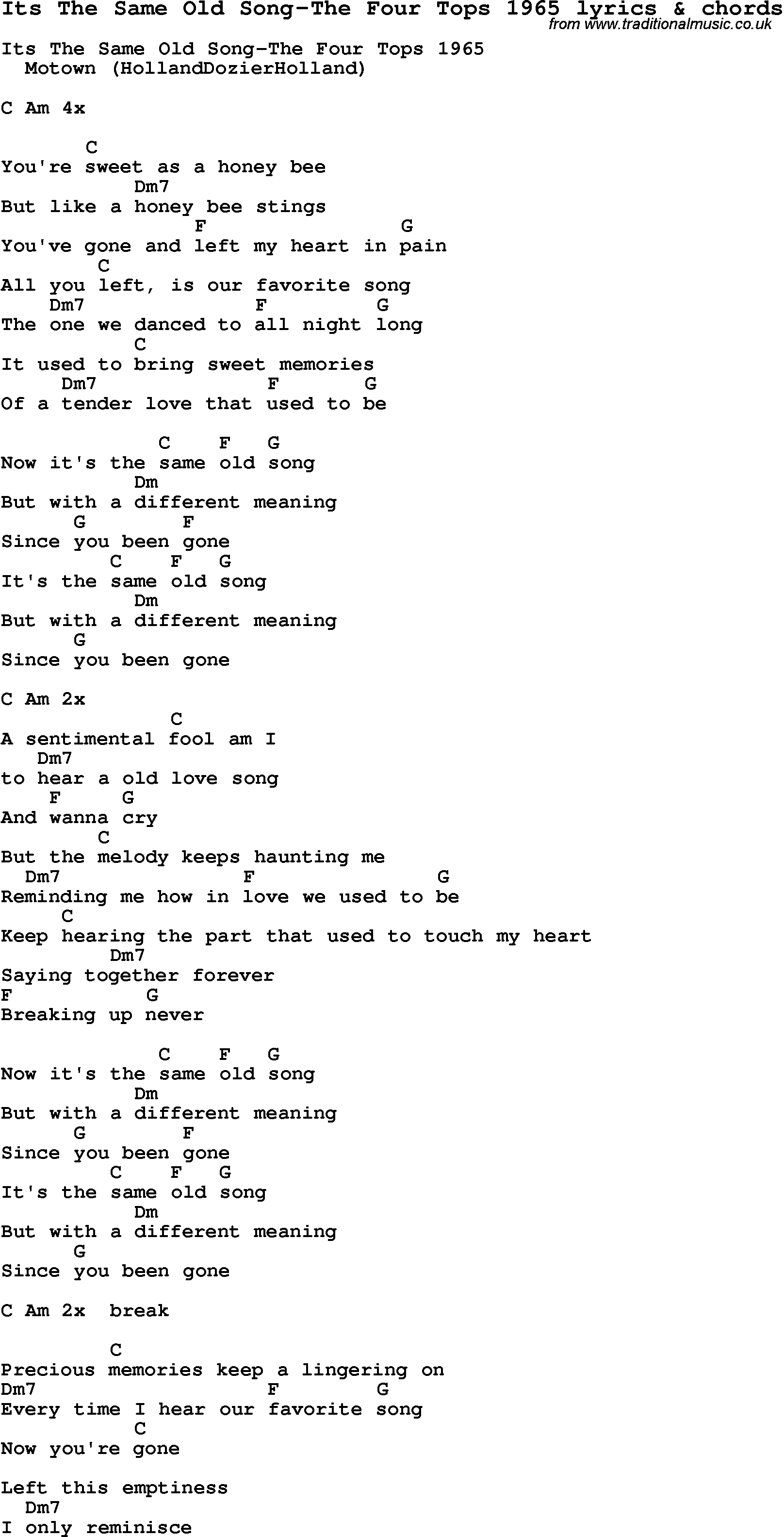Love Song Lyrics for: Its The Same Old Song-The Four Tops 1965 with chords for Ukulele, Guitar Banjo etc.