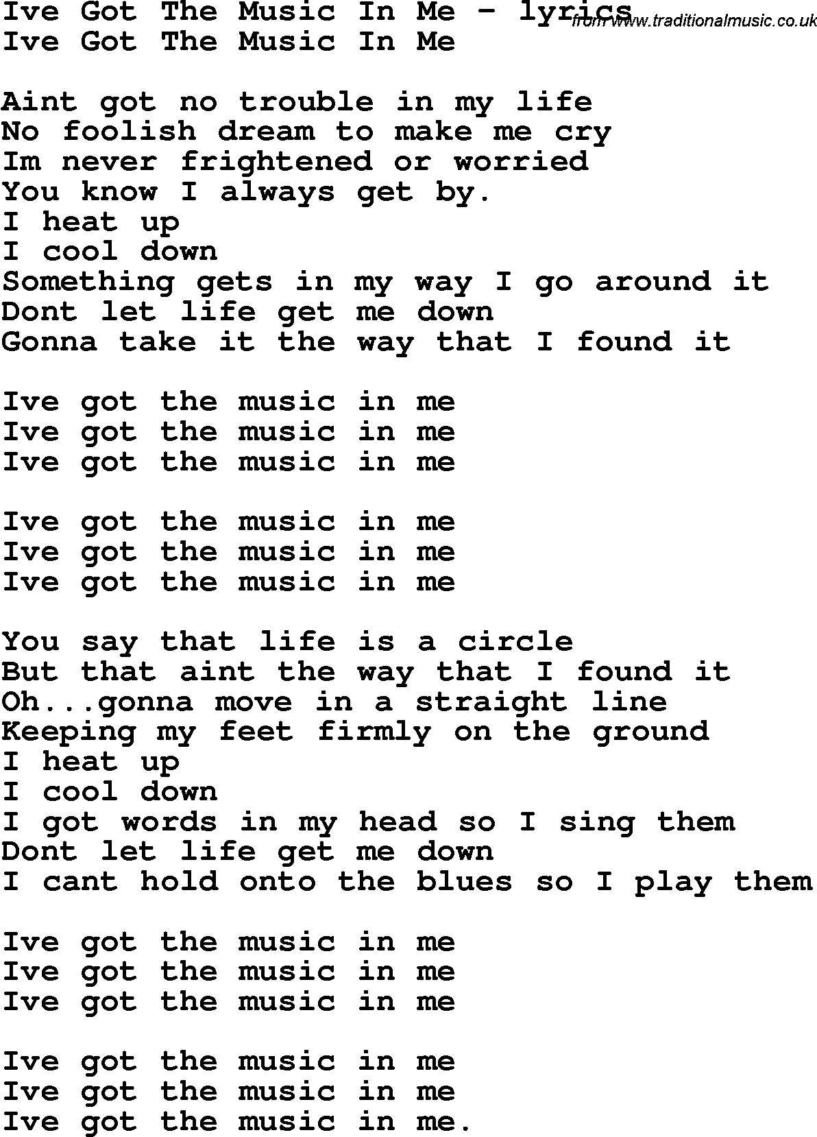 Love Song Lyrics for: Ive Got The Music In Me