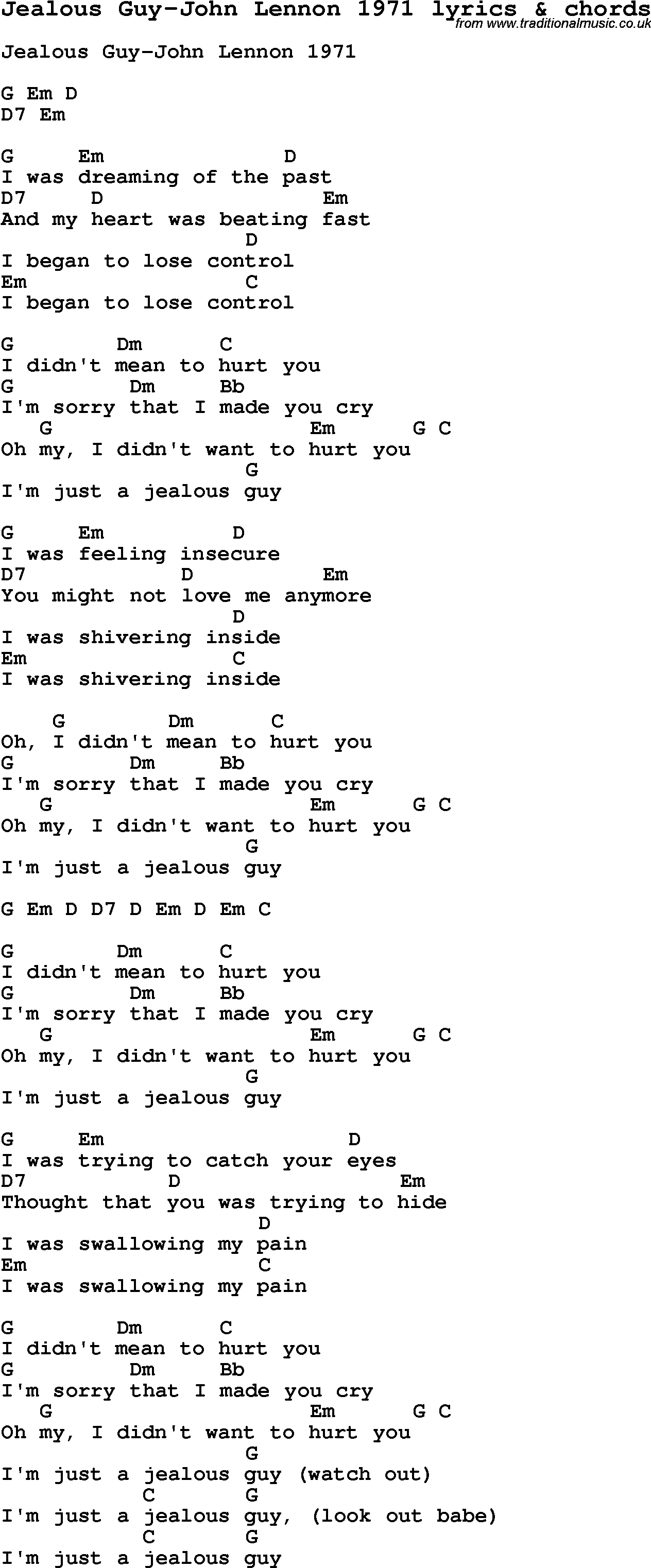 Love Song Lyrics for: Jealous Guy-John Lennon 1971 with chords for Ukulele, Guitar Banjo etc.