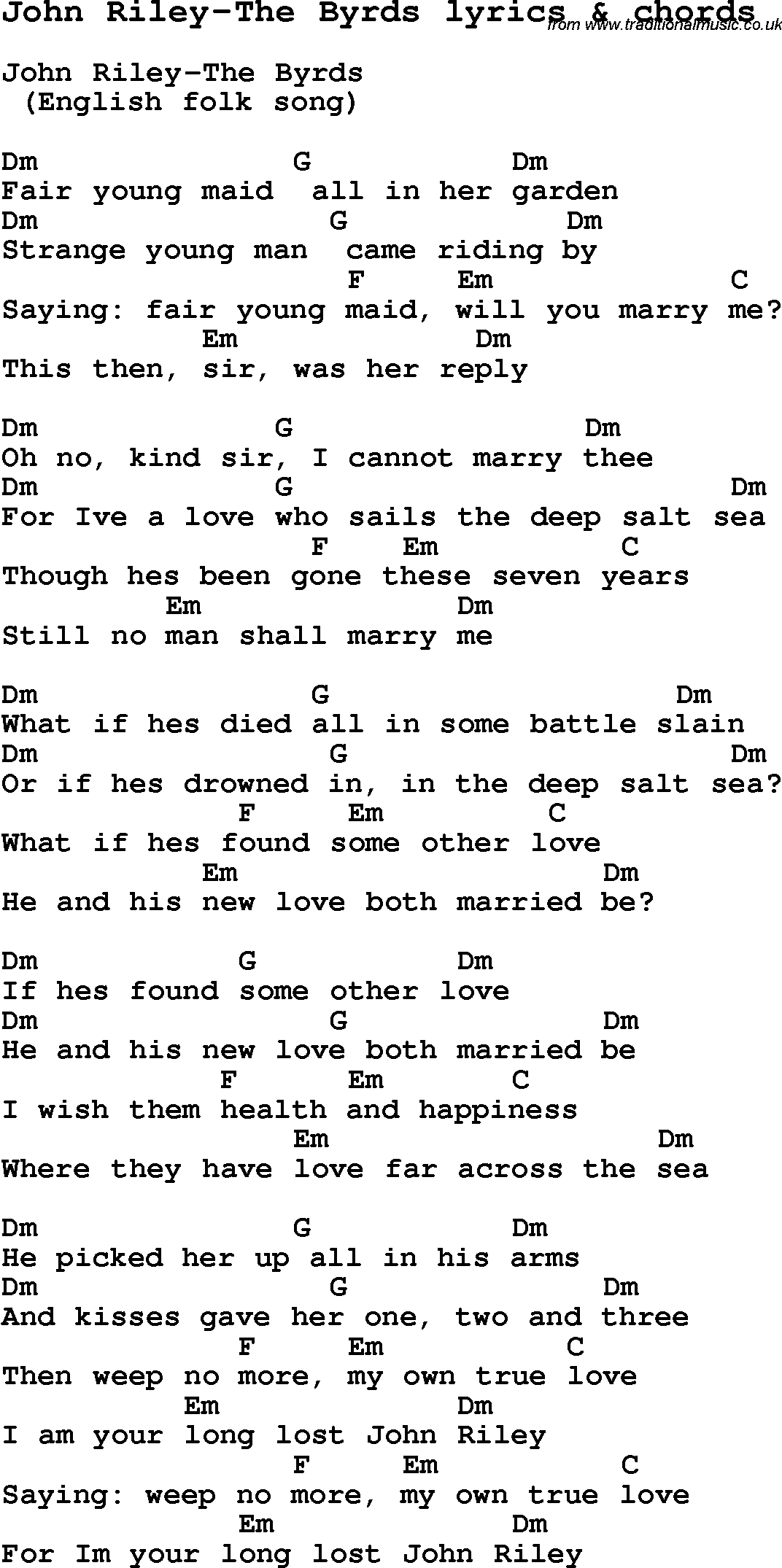 Love Song Lyrics for: John Riley-The Byrds with chords for Ukulele, Guitar Banjo etc.