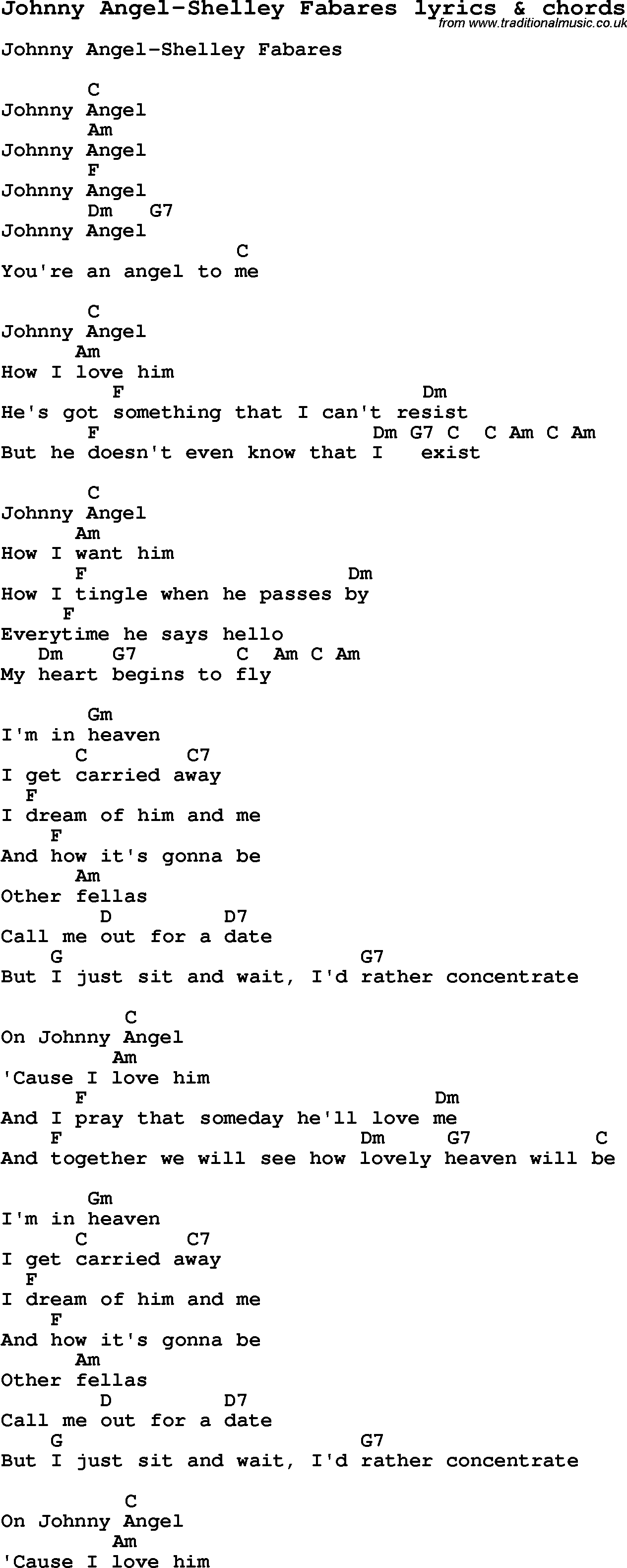 Love Song Lyrics for: Johnny Angel-Shelley Fabares with chords for Ukulele, Guitar Banjo etc.