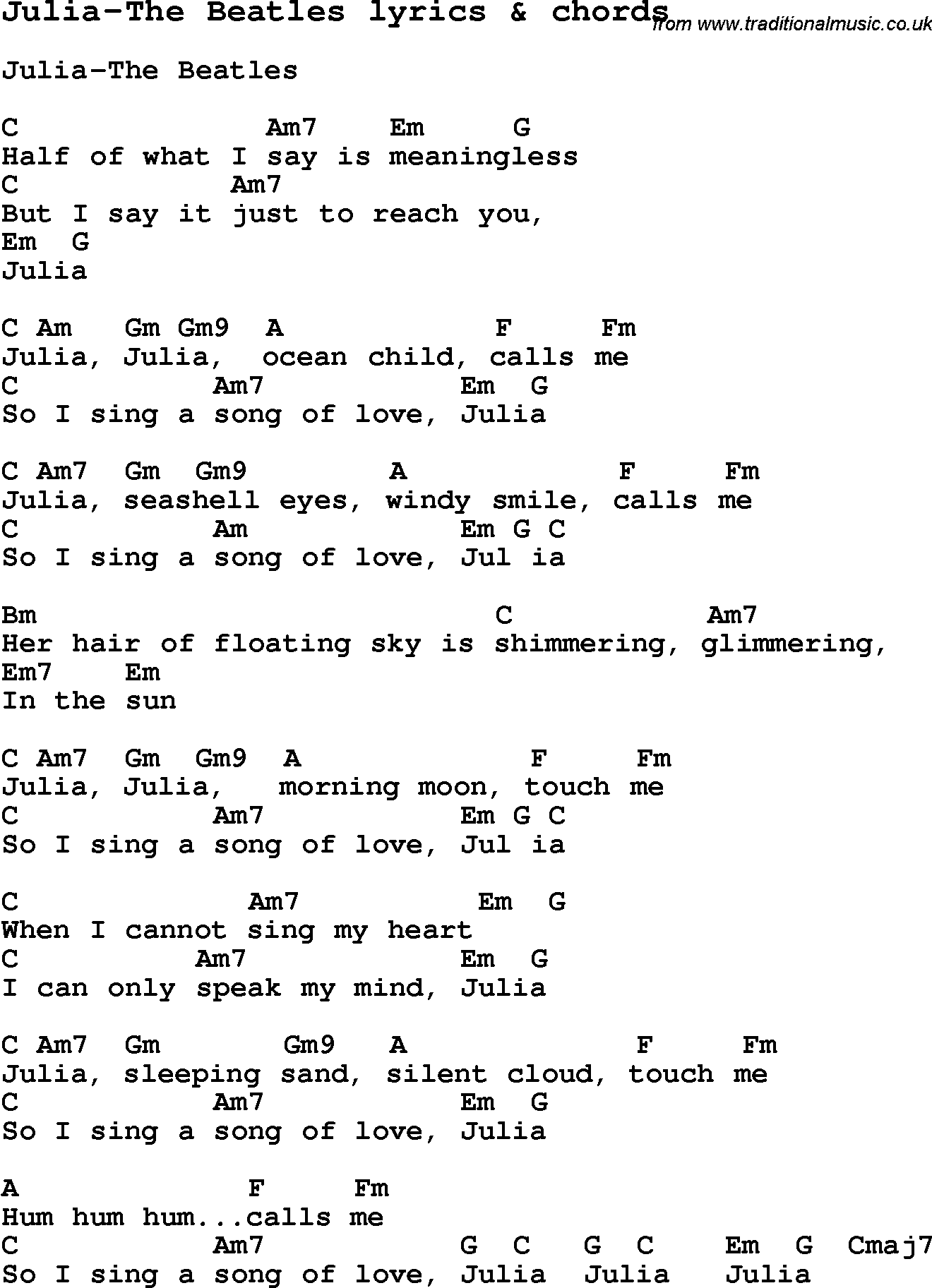 Love Song Lyrics for: Julia-The Beatles with chords for Ukulele, Guitar Banjo etc.