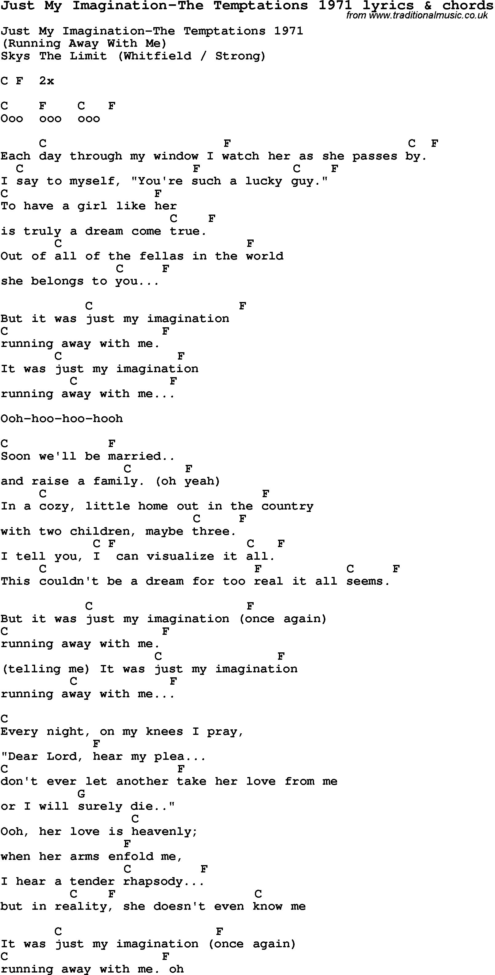 Love Song Lyrics for: Just My Imagination-The Temptations 1971 with chords for Ukulele, Guitar Banjo etc.