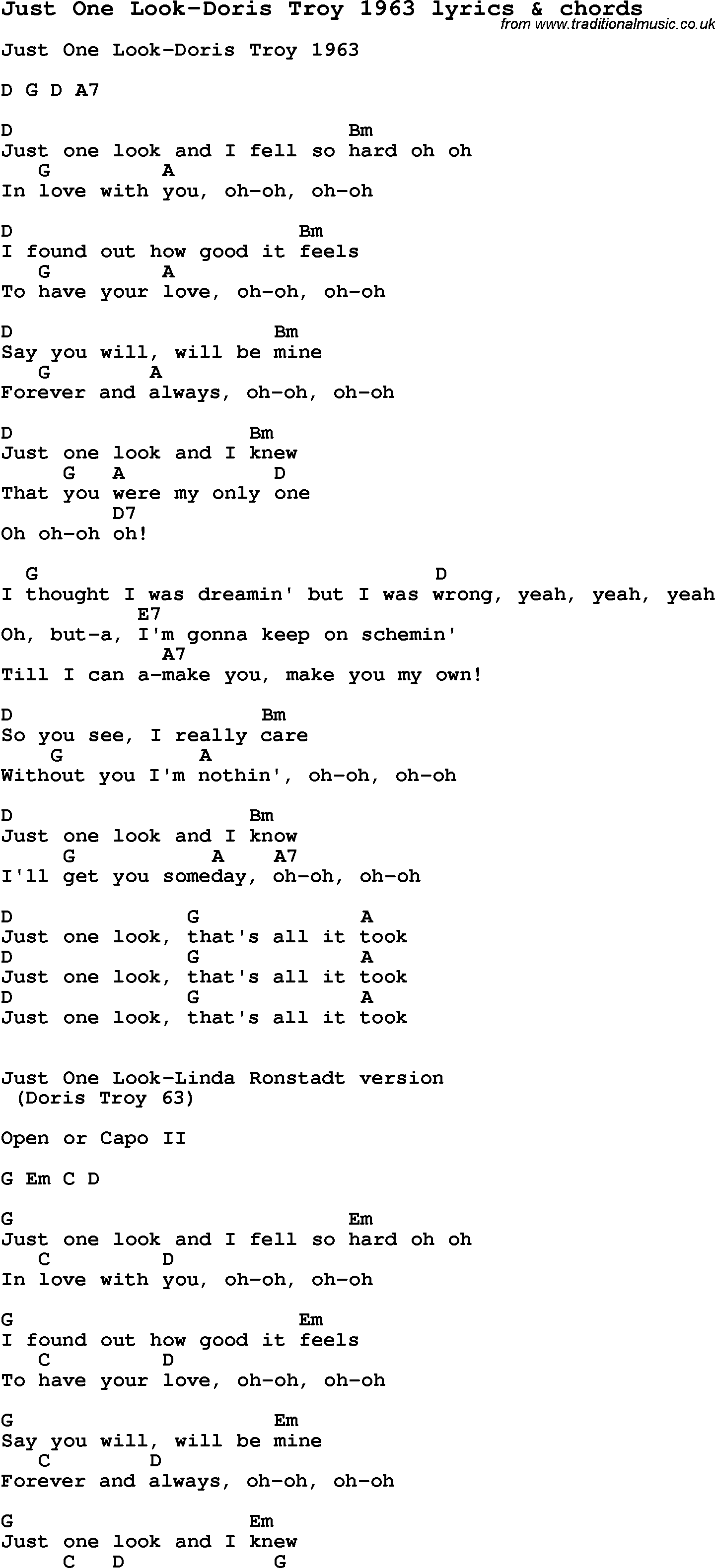 Love Song Lyrics for: Just One Look-Doris Troy 1963 with chords for Ukulele, Guitar Banjo etc.