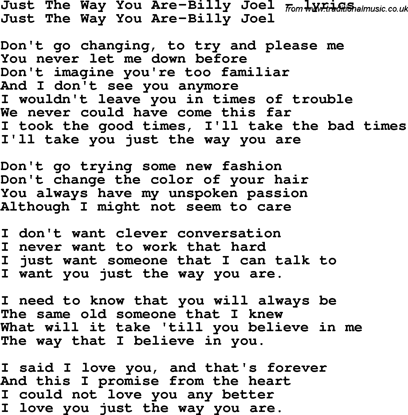 Love Song Lyrics for: Just The Way You Are-Billy Joel