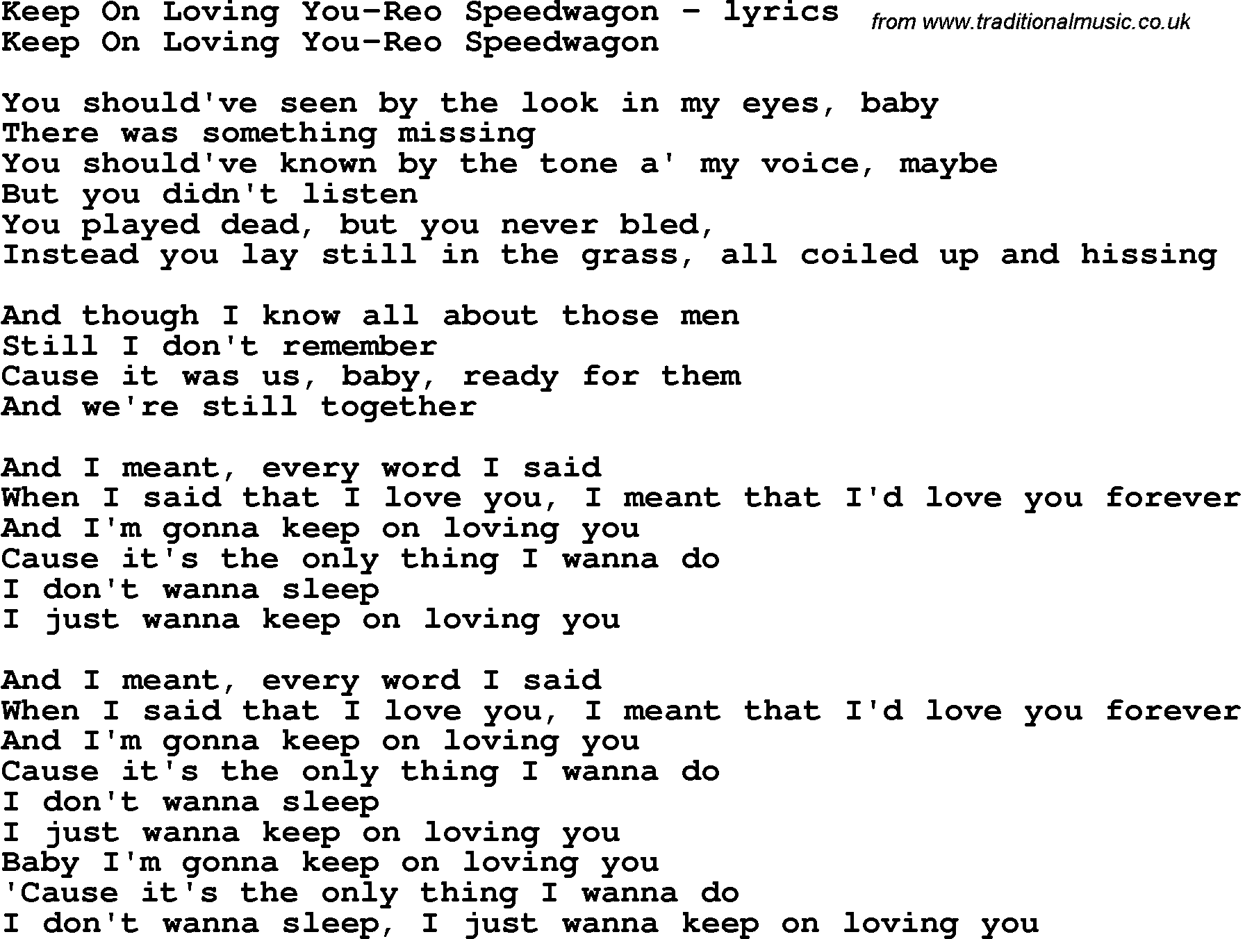 Love Song Lyrics for: Keep On Loving You-Reo Speedwagon