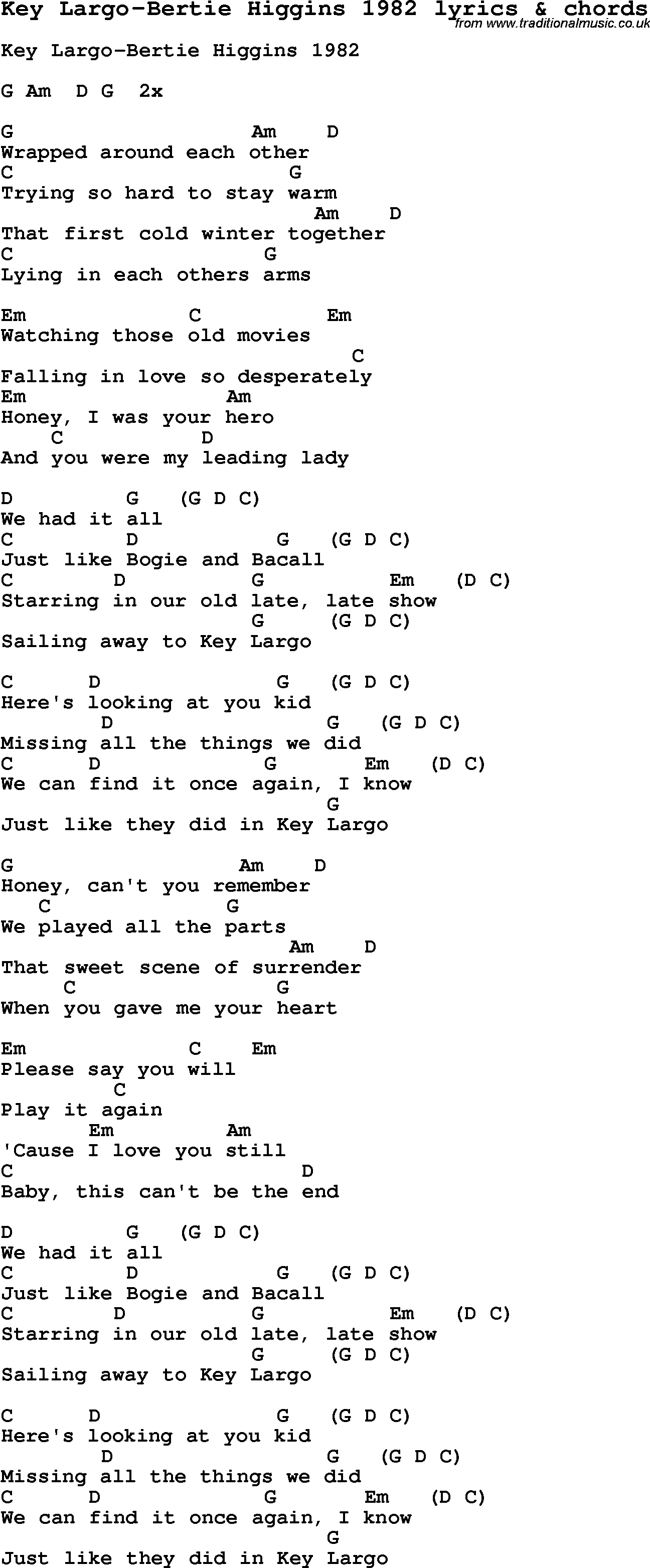 Love Song Lyrics for: Key Largo-Bertie Higgins 1982 with chords for Ukulele, Guitar Banjo etc.