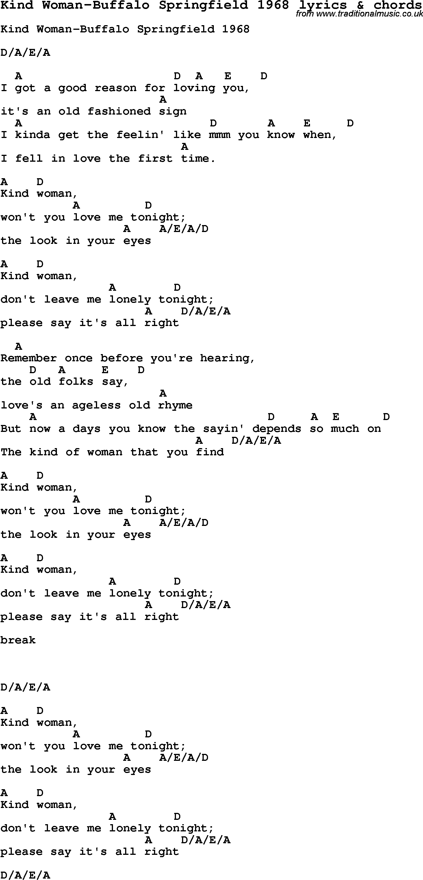 Love Song Lyrics for: Kind Woman-Buffalo Springfield 1968 with chords for Ukulele, Guitar Banjo etc.