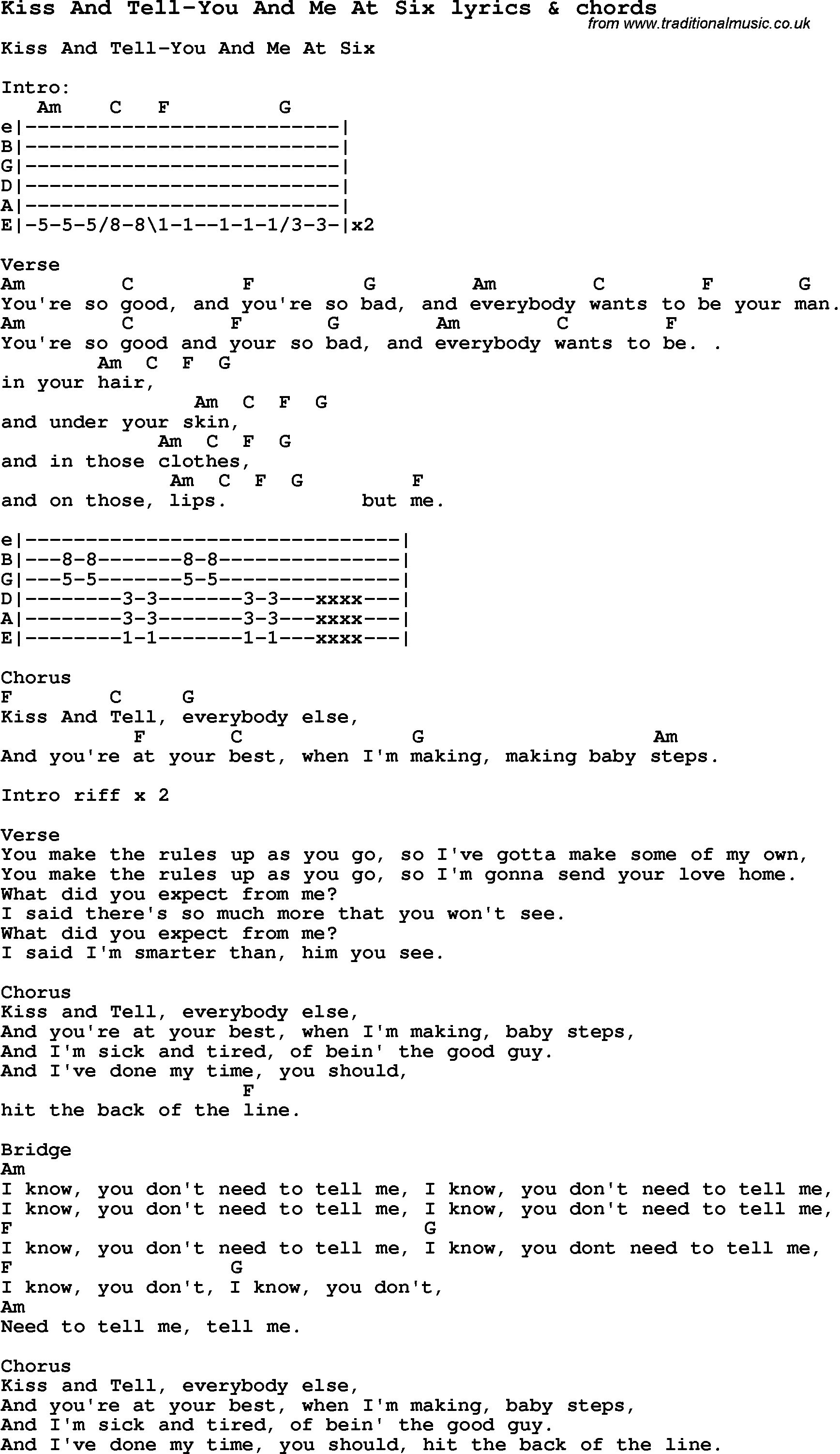 Love Song Lyrics for: Kiss And Tell-You And Me At Six with chords for Ukulele, Guitar Banjo etc.