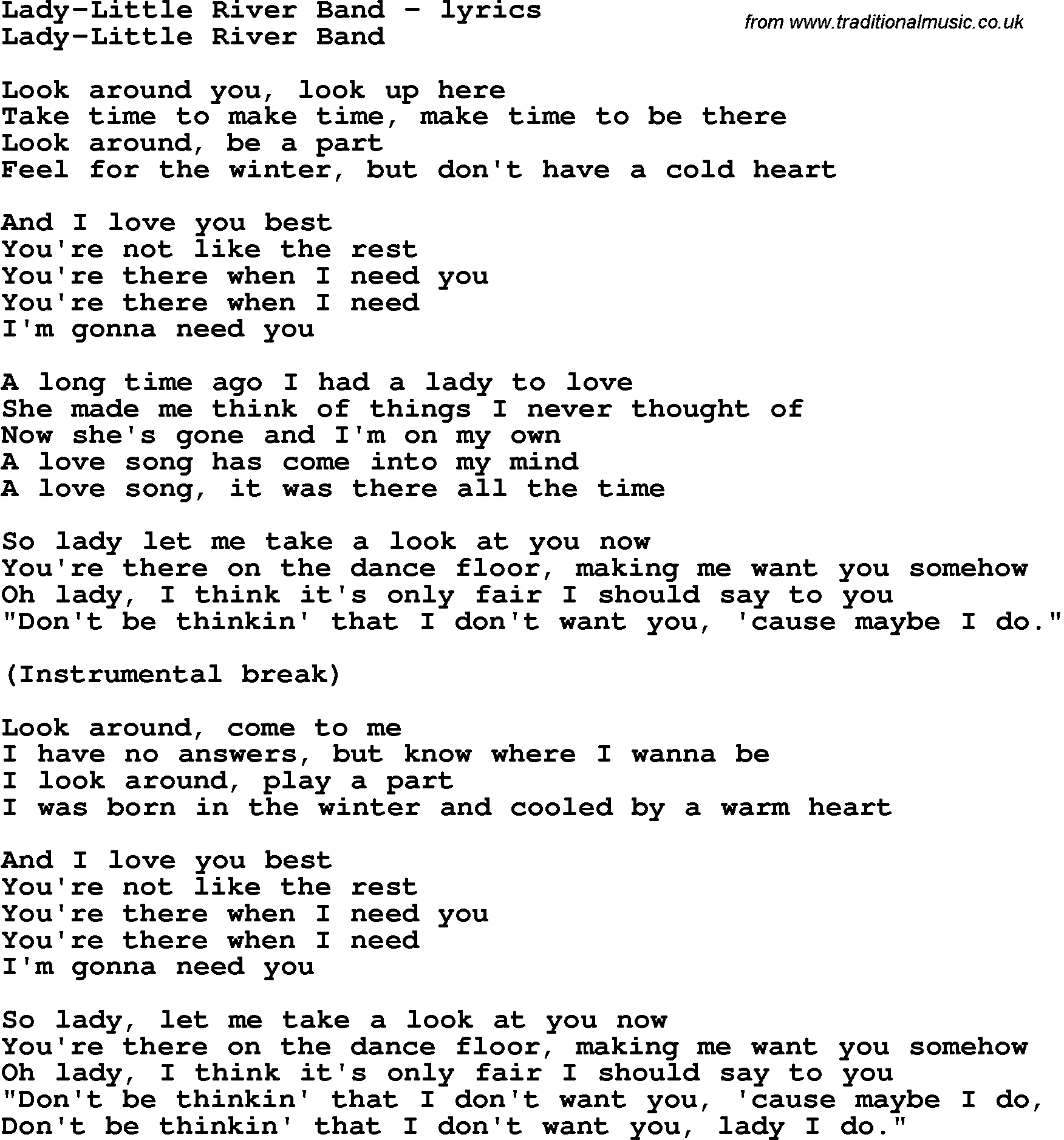 Love Song Lyrics for: Lady-Little River Band