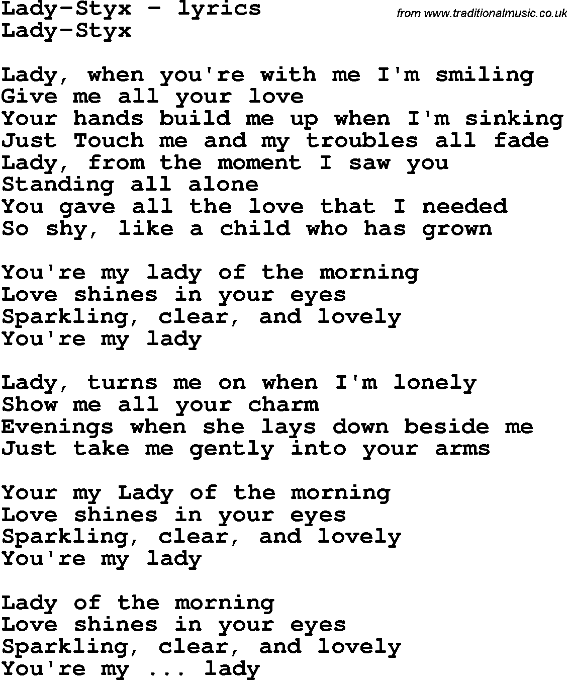 Love Song Lyrics for: Lady-Styx