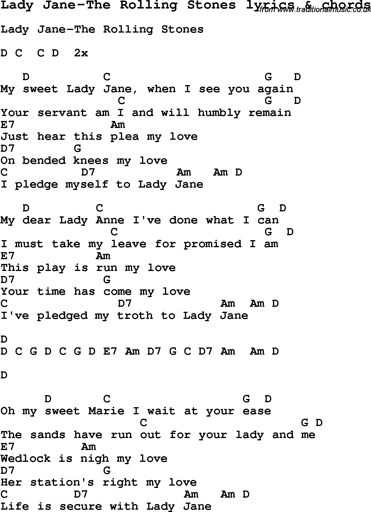 Love Song Lyrics for:Lady Jane-The Rolling Stones with chords.