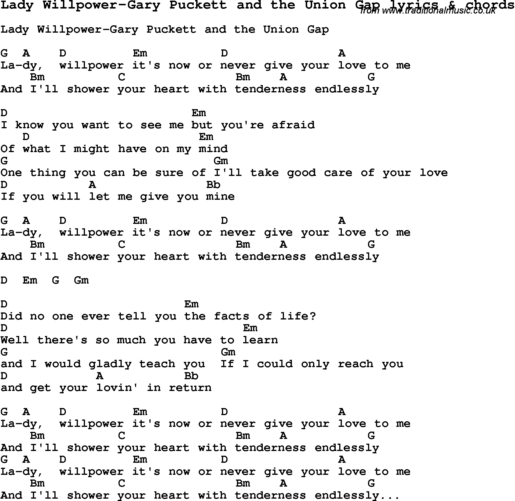 Love Song Lyrics for: Lady Willpower-Gary Puckett and the Union Gap with chords for Ukulele, Guitar Banjo etc.