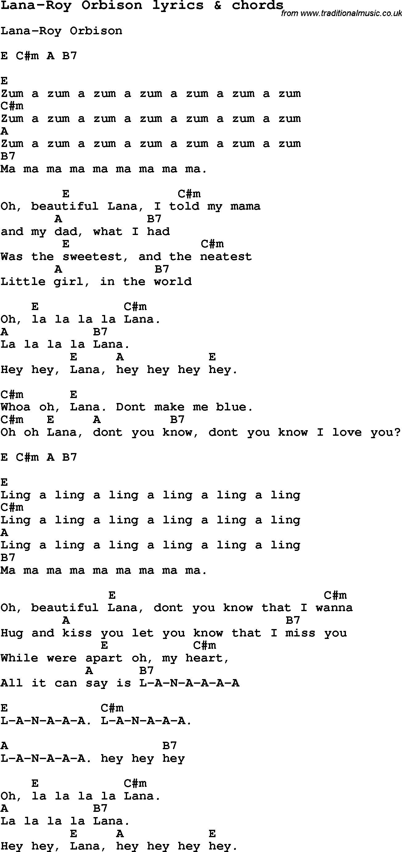 Love Song Lyrics for: Lana-Roy Orbison with chords for Ukulele, Guitar Banjo etc.