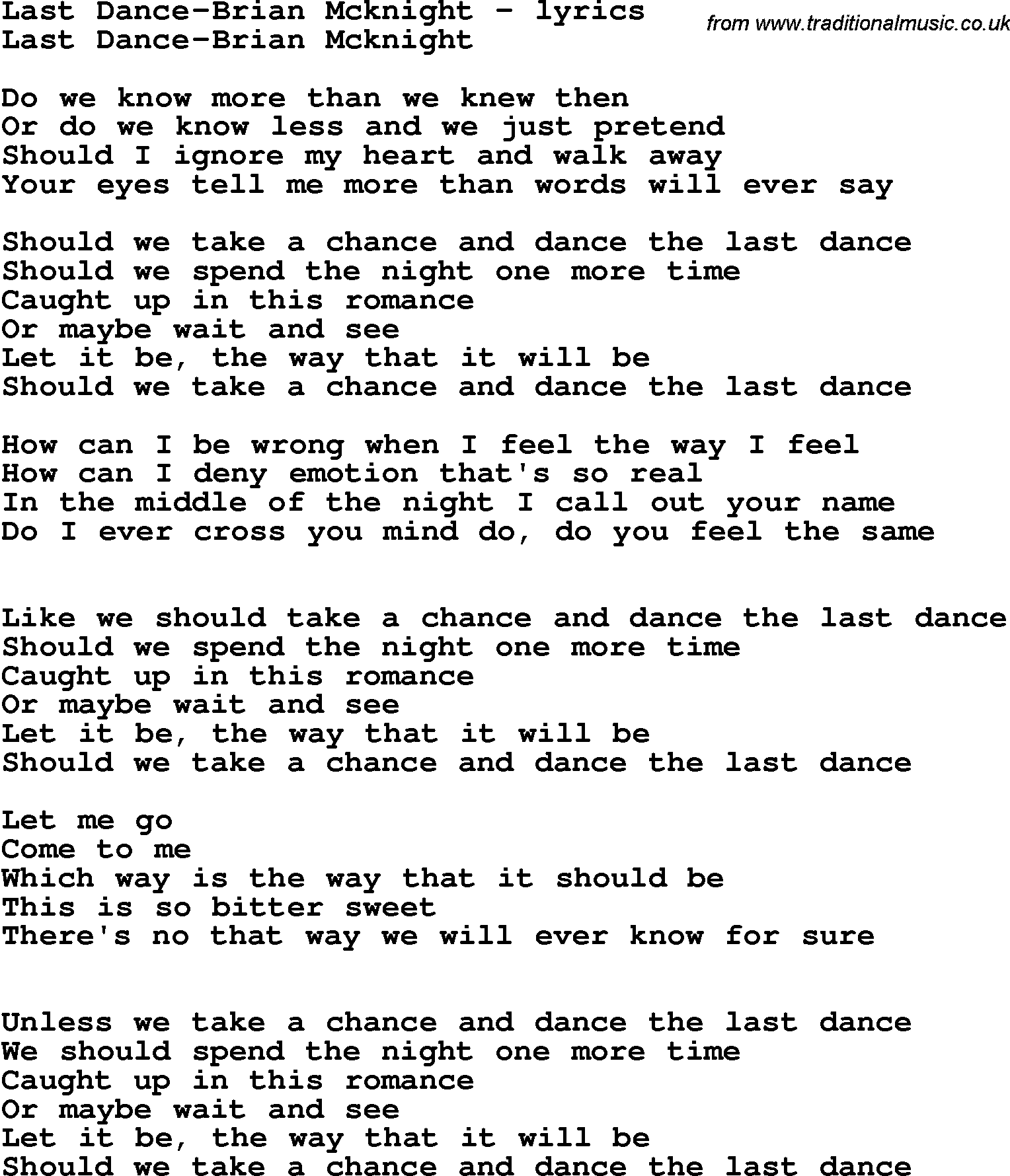 Love Song Lyrics for: Last Dance-Brian Mcknight