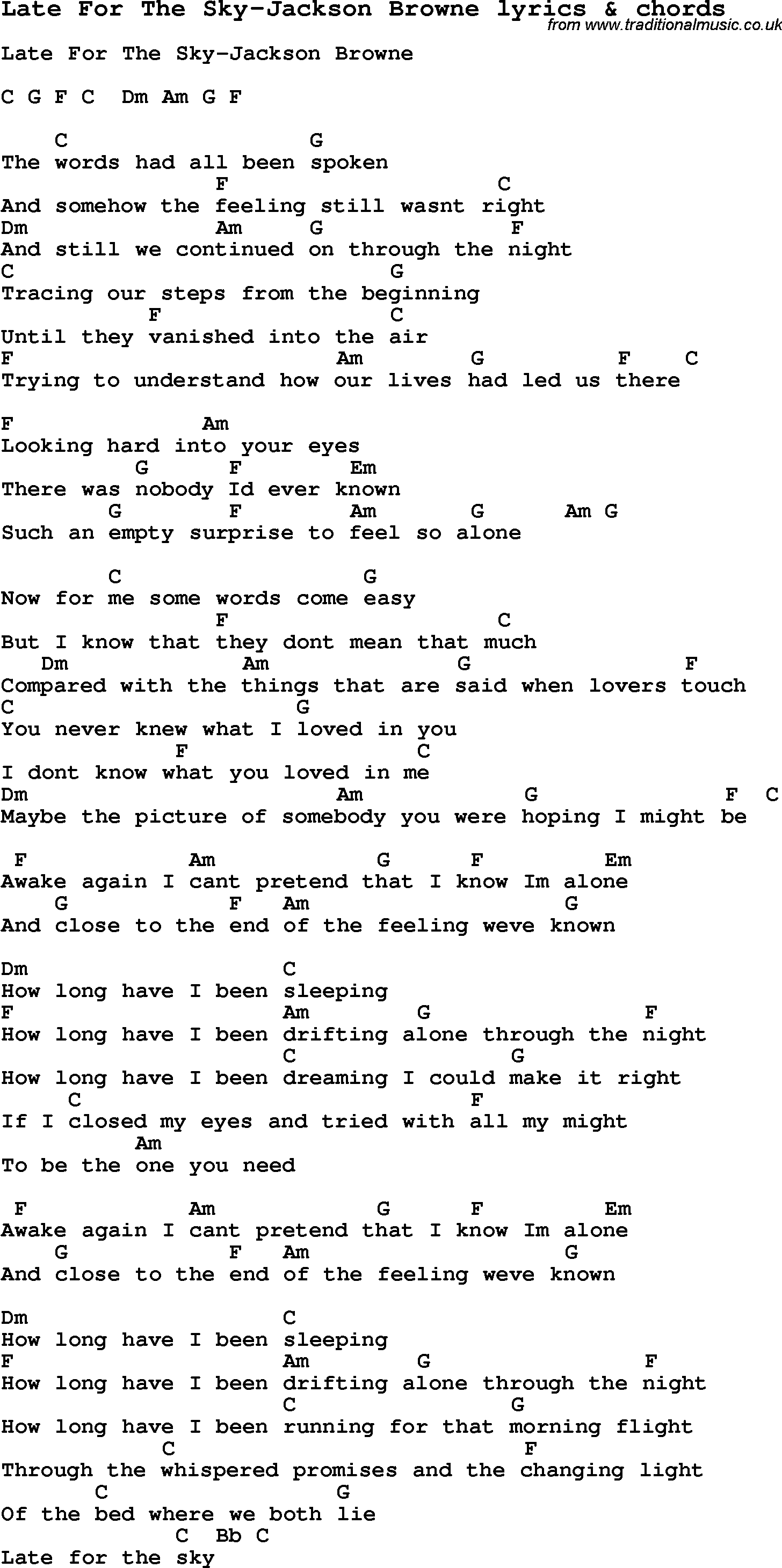 Love Song Lyrics for: Late For The Sky-Jackson Browne with chords for Ukulele, Guitar Banjo etc.