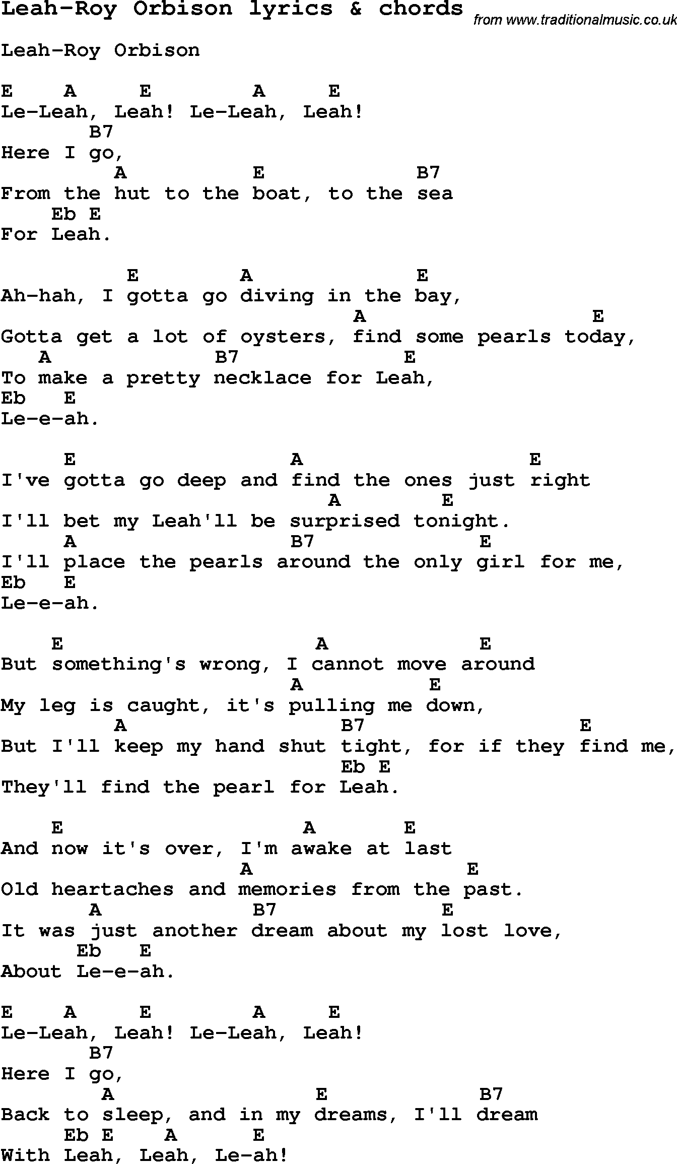 Love Song Lyrics for: Leah-Roy Orbison with chords for Ukulele, Guitar Banjo etc.