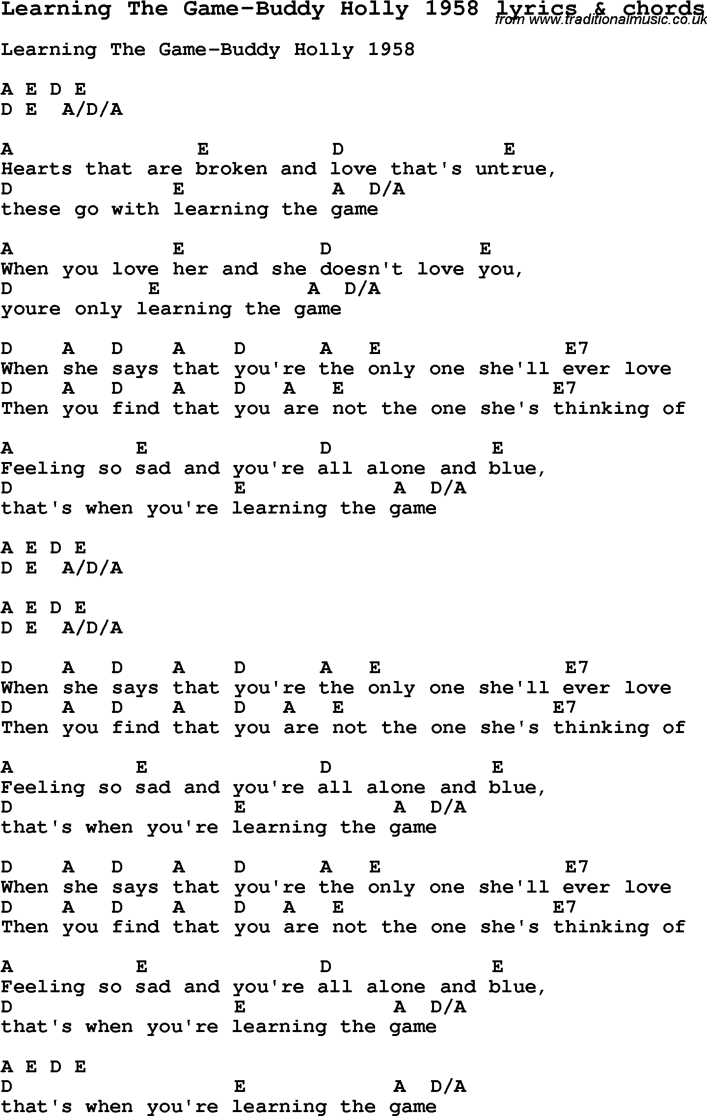Love Song Lyrics for: Learning The Game-Buddy Holly 1958 with chords for Ukulele, Guitar Banjo etc.