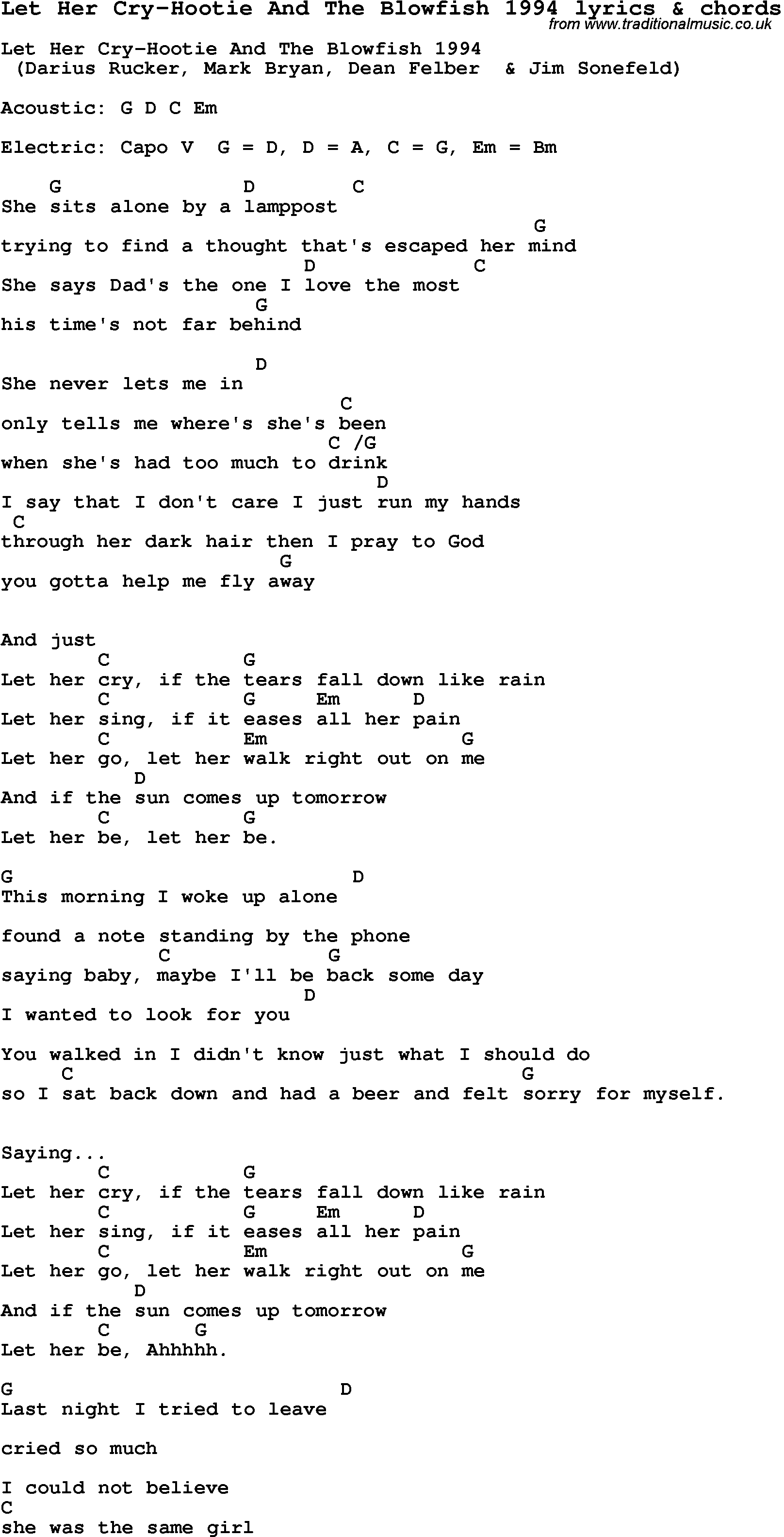 Love Song Lyrics for: Let Her Cry-Hootie And The Blowfish 1994 with chords for Ukulele, Guitar Banjo etc.
