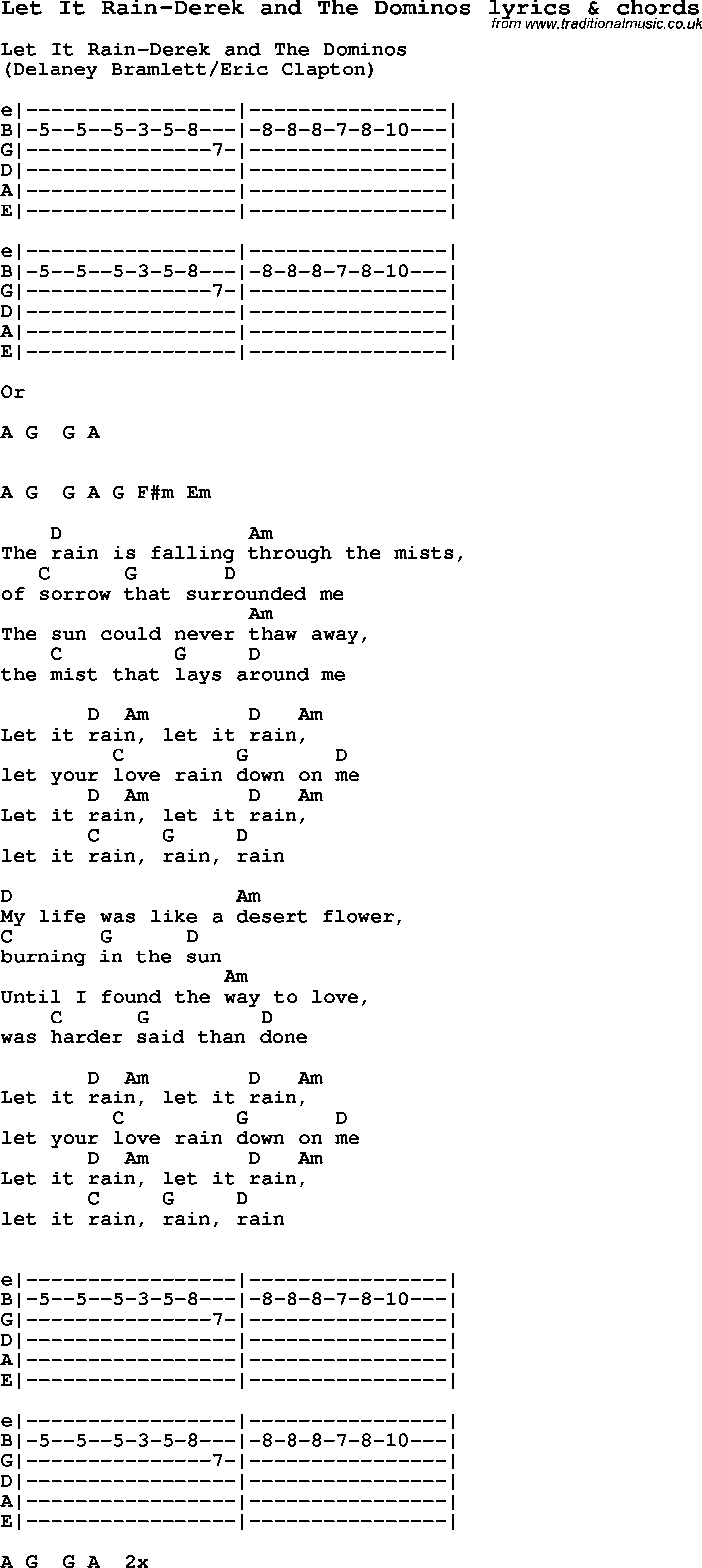Love Song Lyrics for: Let It Rain-Derek and The Dominos with chords for Ukulele, Guitar Banjo etc.