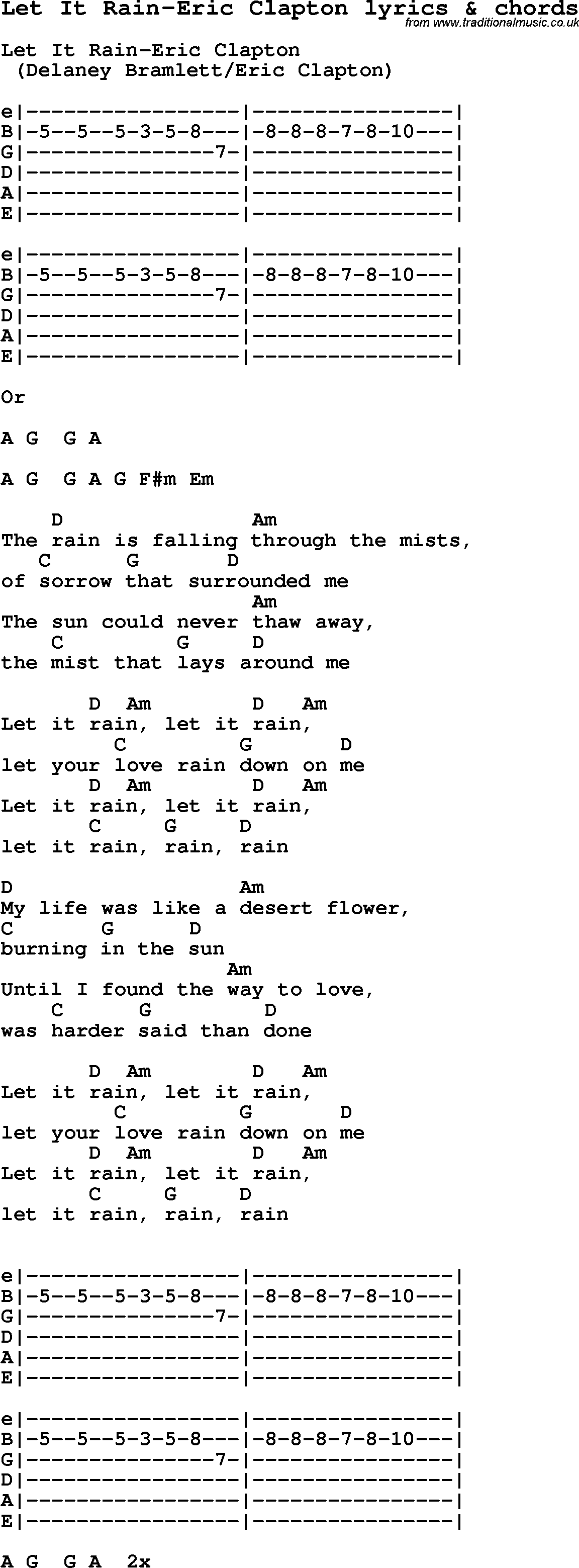 Love Song Lyrics for: Let It Rain-Eric Clapton with chords for Ukulele, Guitar Banjo etc.