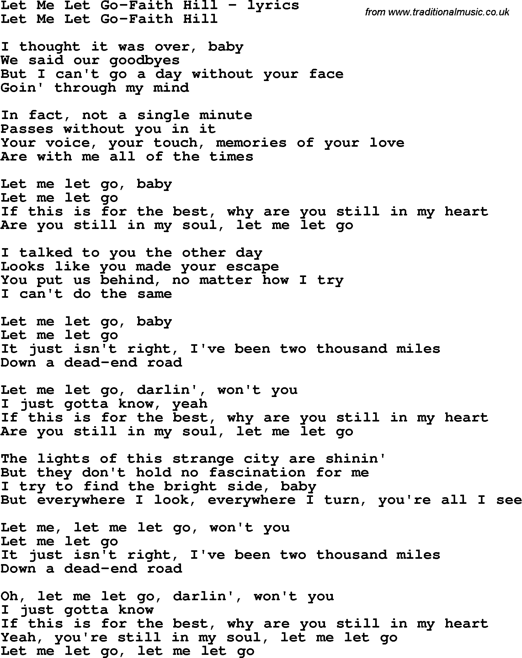 Love Song Lyrics for: Let Me Let Go-Faith Hill
