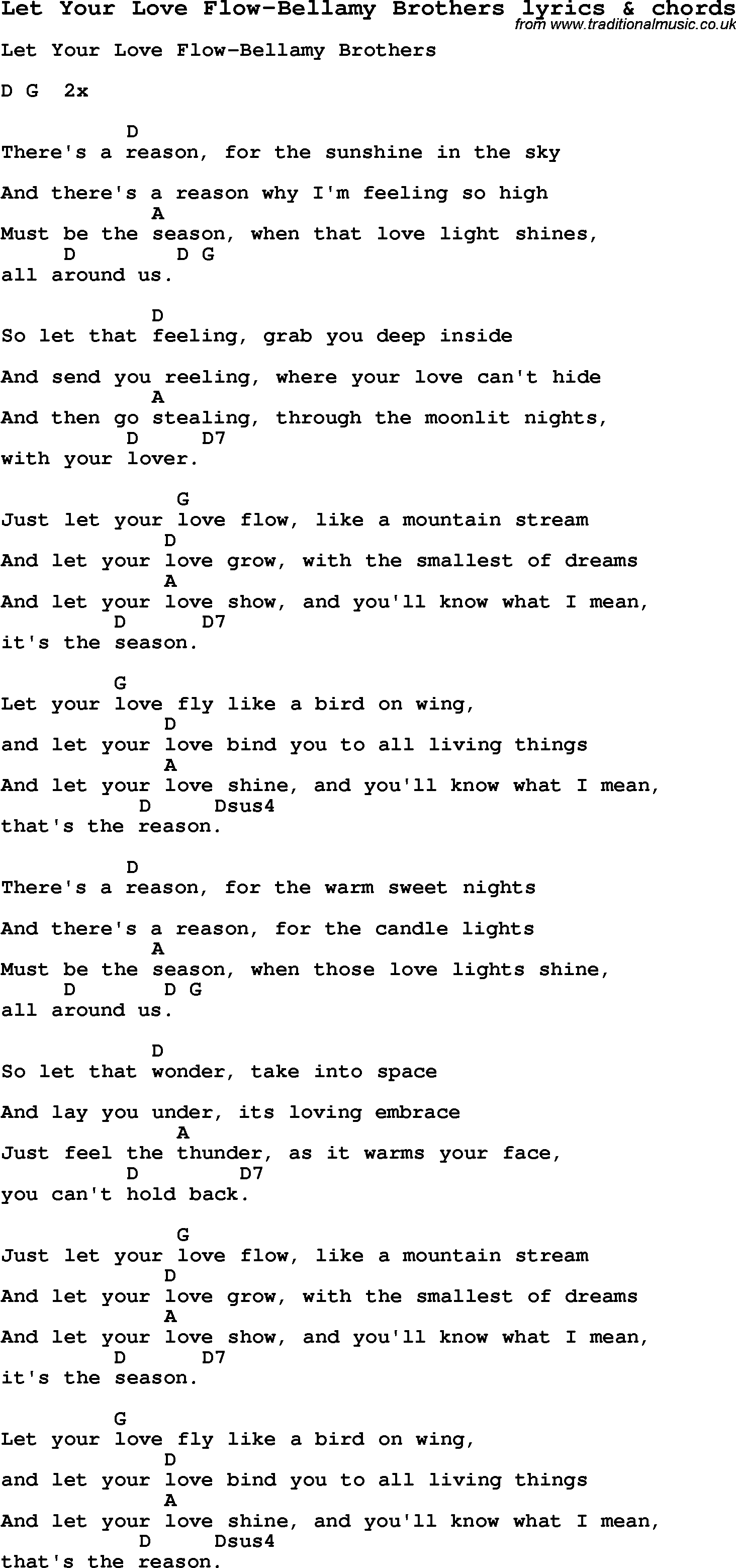 Love Song Lyrics for: Let Your Love Flow-Bellamy Brothers with chords for Ukulele, Guitar Banjo etc.
