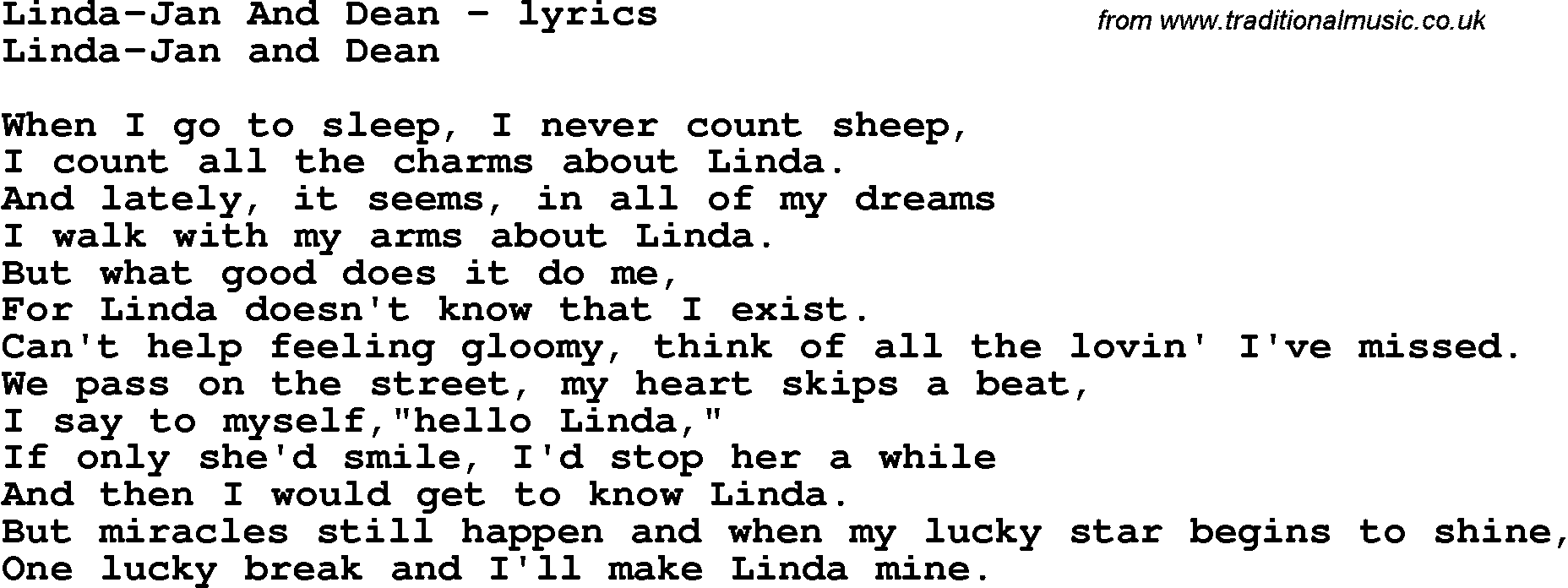 Love Song Lyrics for: Linda-Jan And Dean