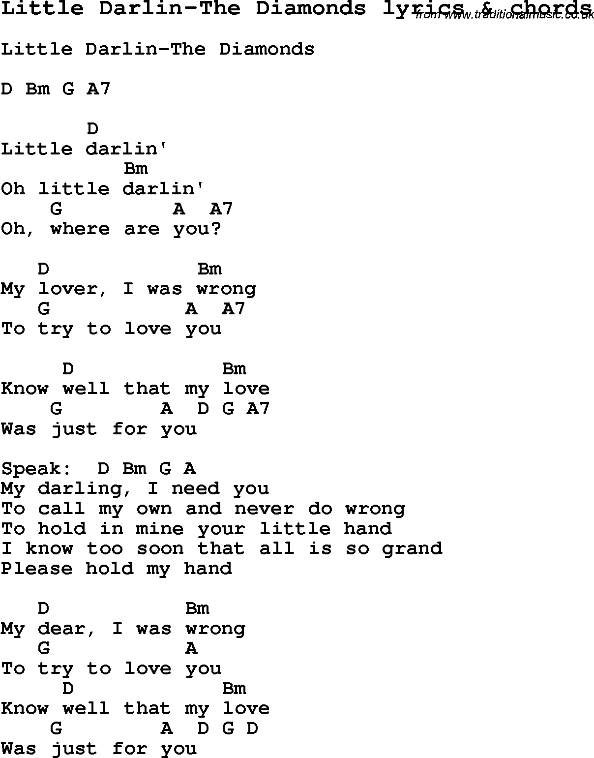 Love Song Lyrics for: Little Darlin-The Diamonds with chords for Ukulele, Guitar Banjo etc.