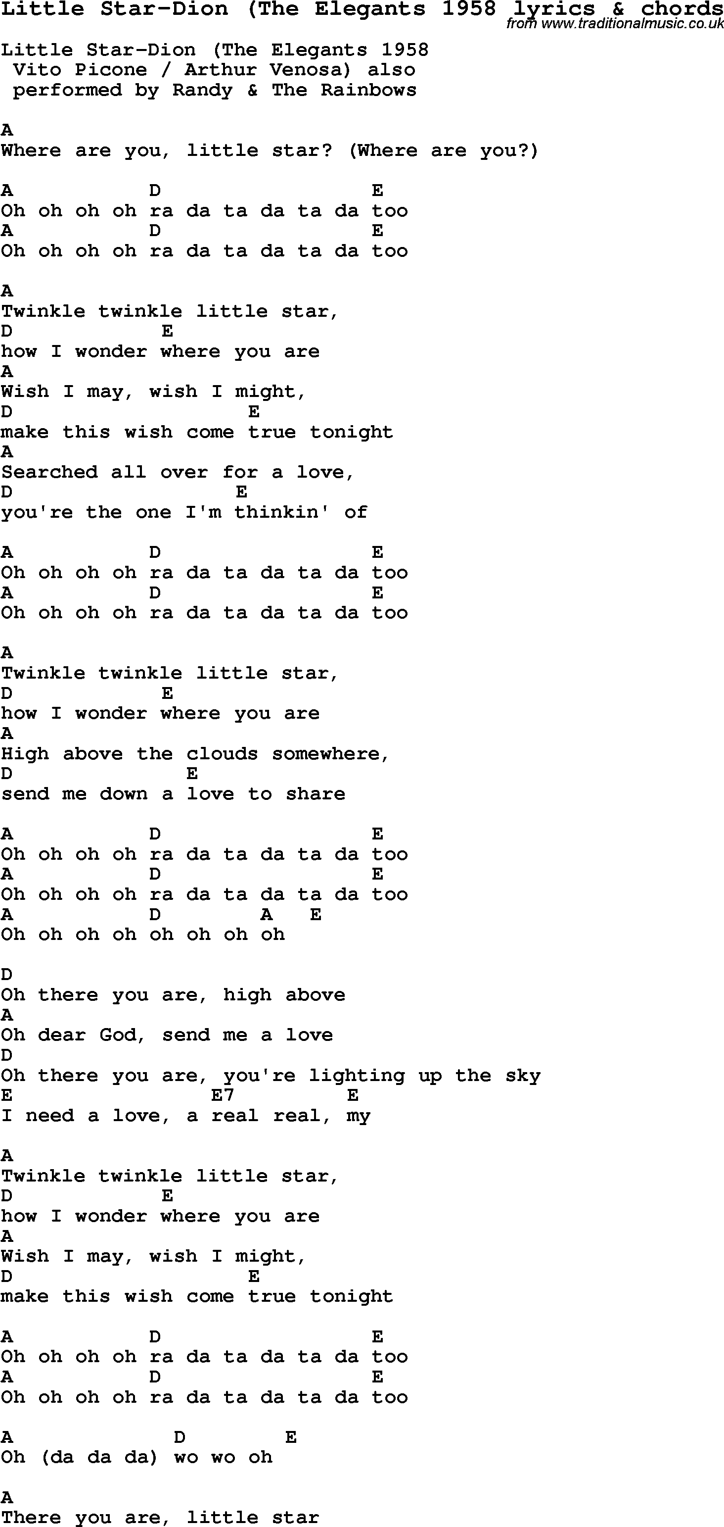 Love Song Lyrics for: Little Star-Dion (The Elegants 1958 with chords for Ukulele, Guitar Banjo etc.