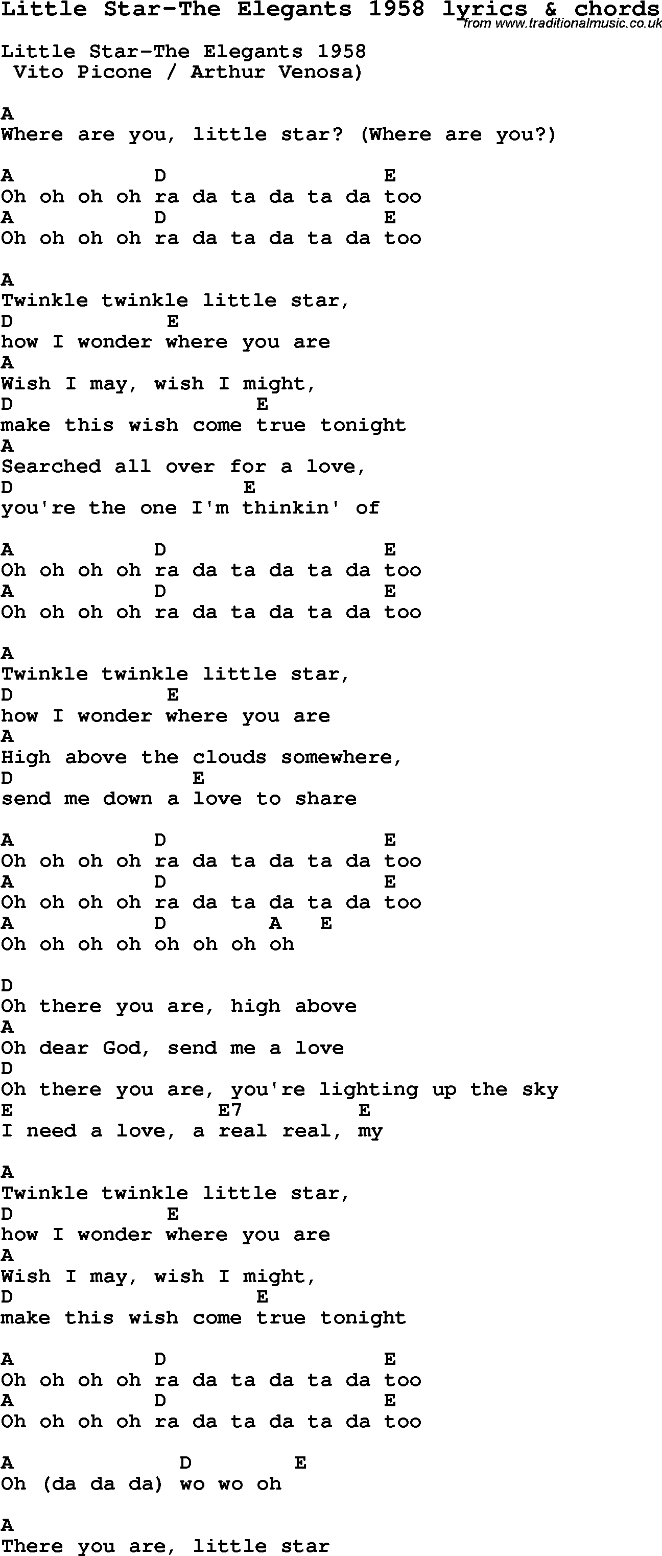 Love Song Lyrics for: Little Star-The Elegants 1958 with chords for Ukulele, Guitar Banjo etc.