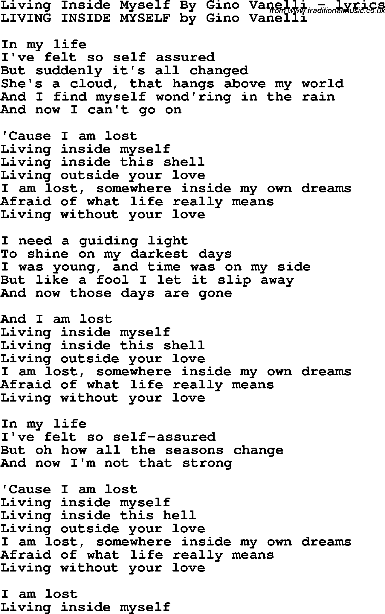 Love Song Lyrics for: Living Inside Myself By Gino Vanelli