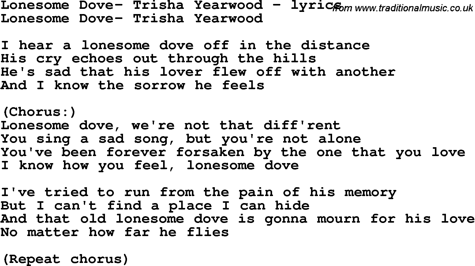 Love Song Lyrics for: Lonesome Dove- Trisha Yearwood