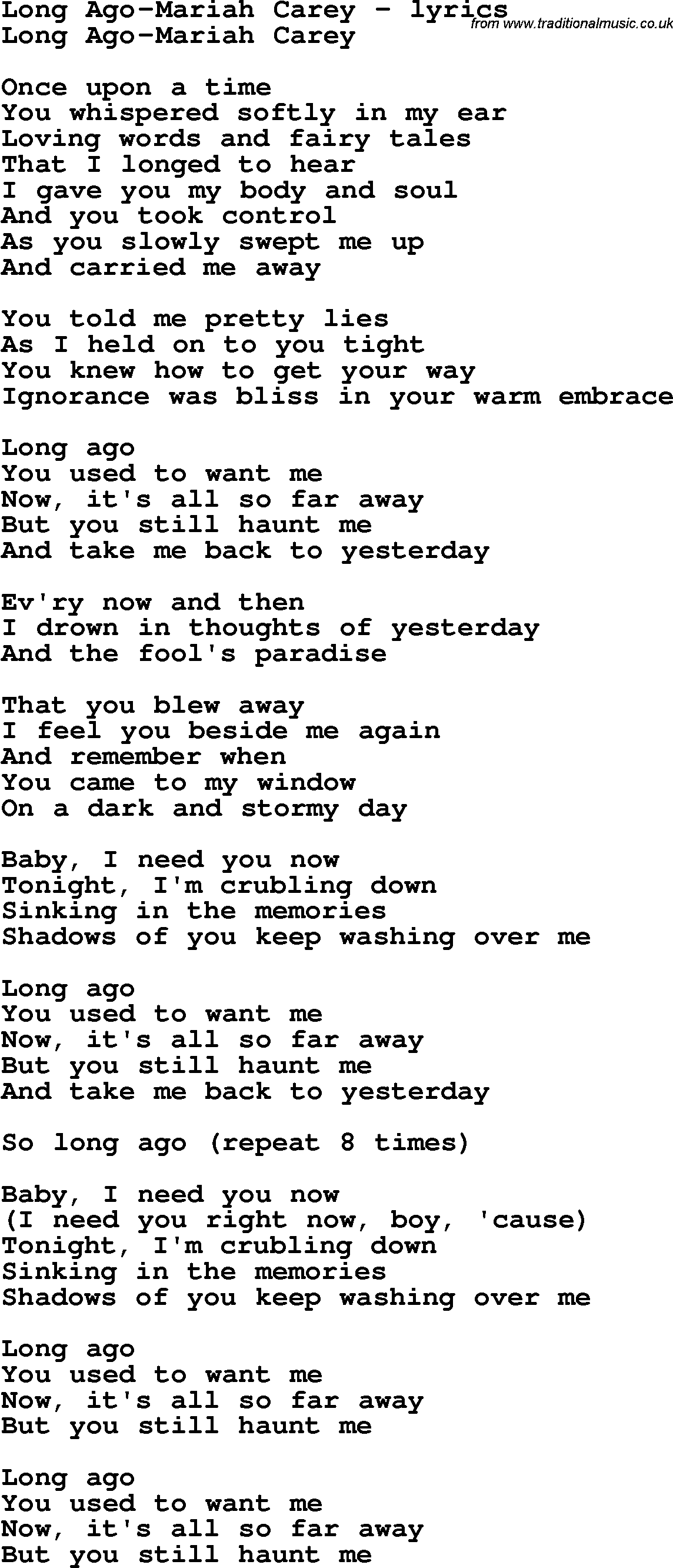 Love Song Lyrics for: Long Ago-Mariah Carey