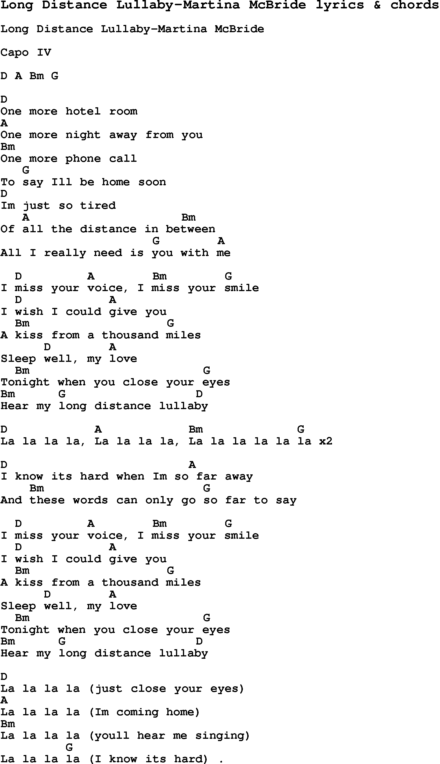 Love Song Lyrics for: Long Distance Lullaby-Martina McBride with chords for Ukulele, Guitar Banjo etc.