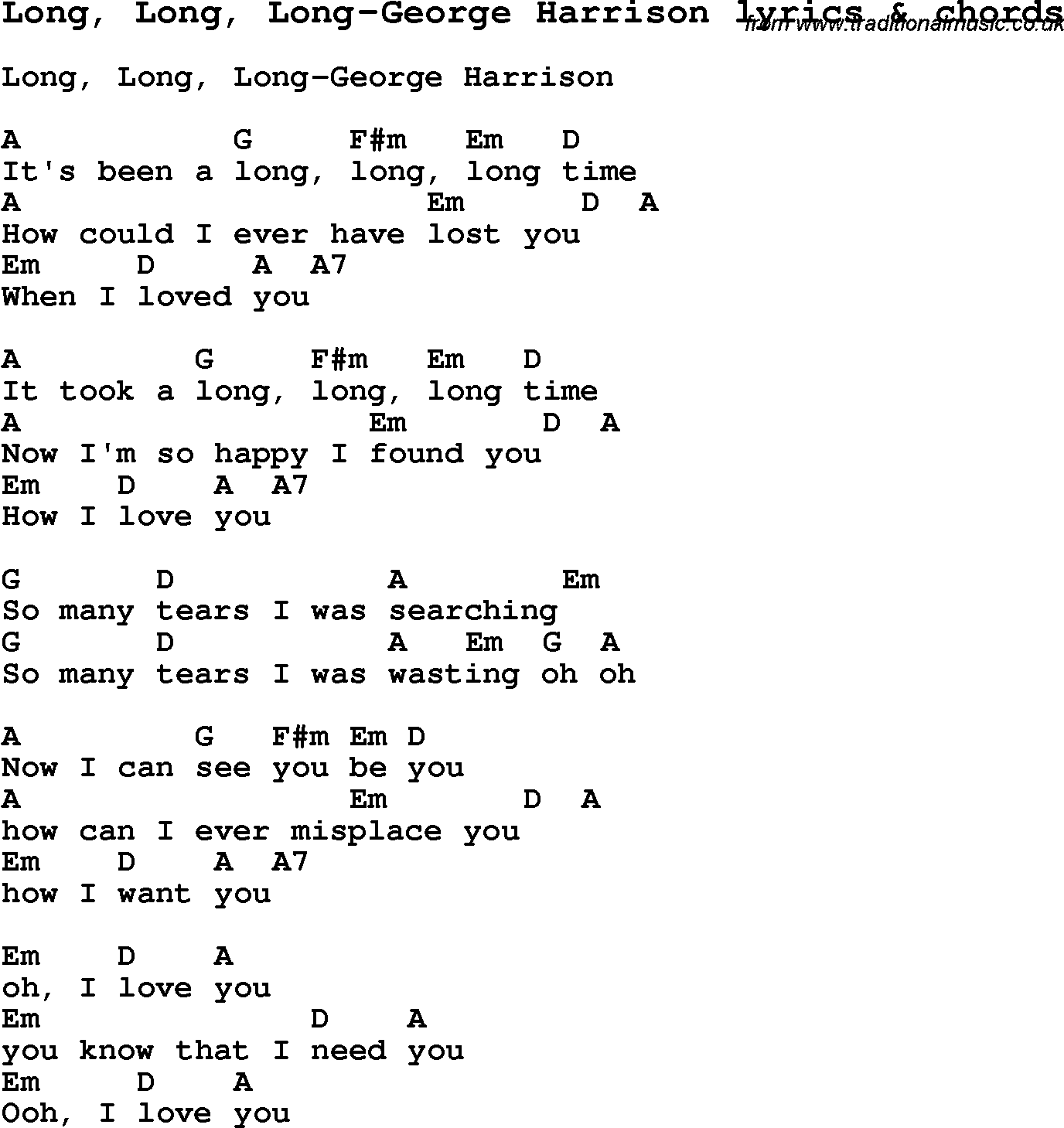 Love Song Lyrics for: Long, Long, Long-George Harrison with chords for Ukulele, Guitar Banjo etc.